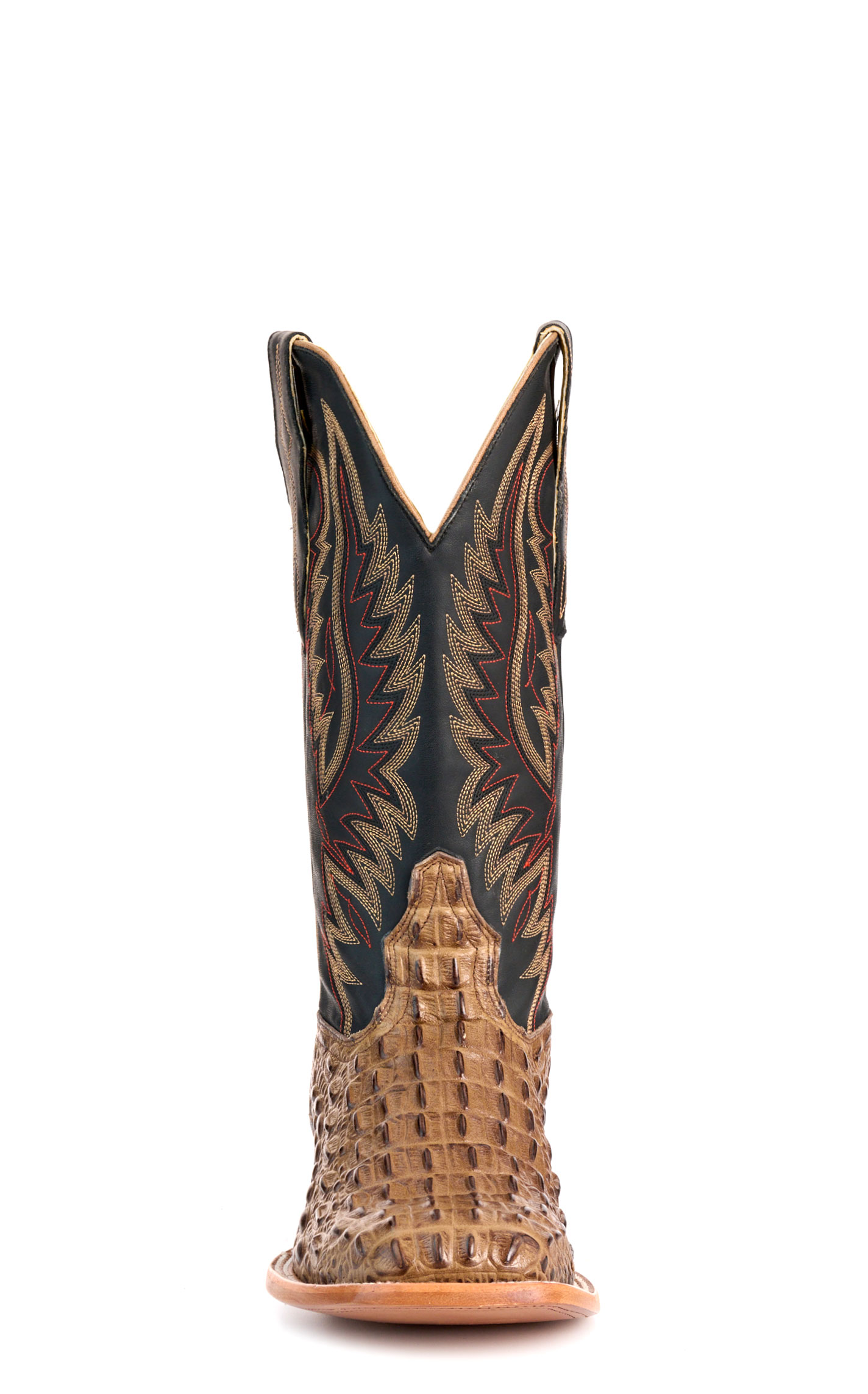 Cavender's Men's Pecan Caiman Print and Black Wide Square Toe Cowboy Boots - Image 1