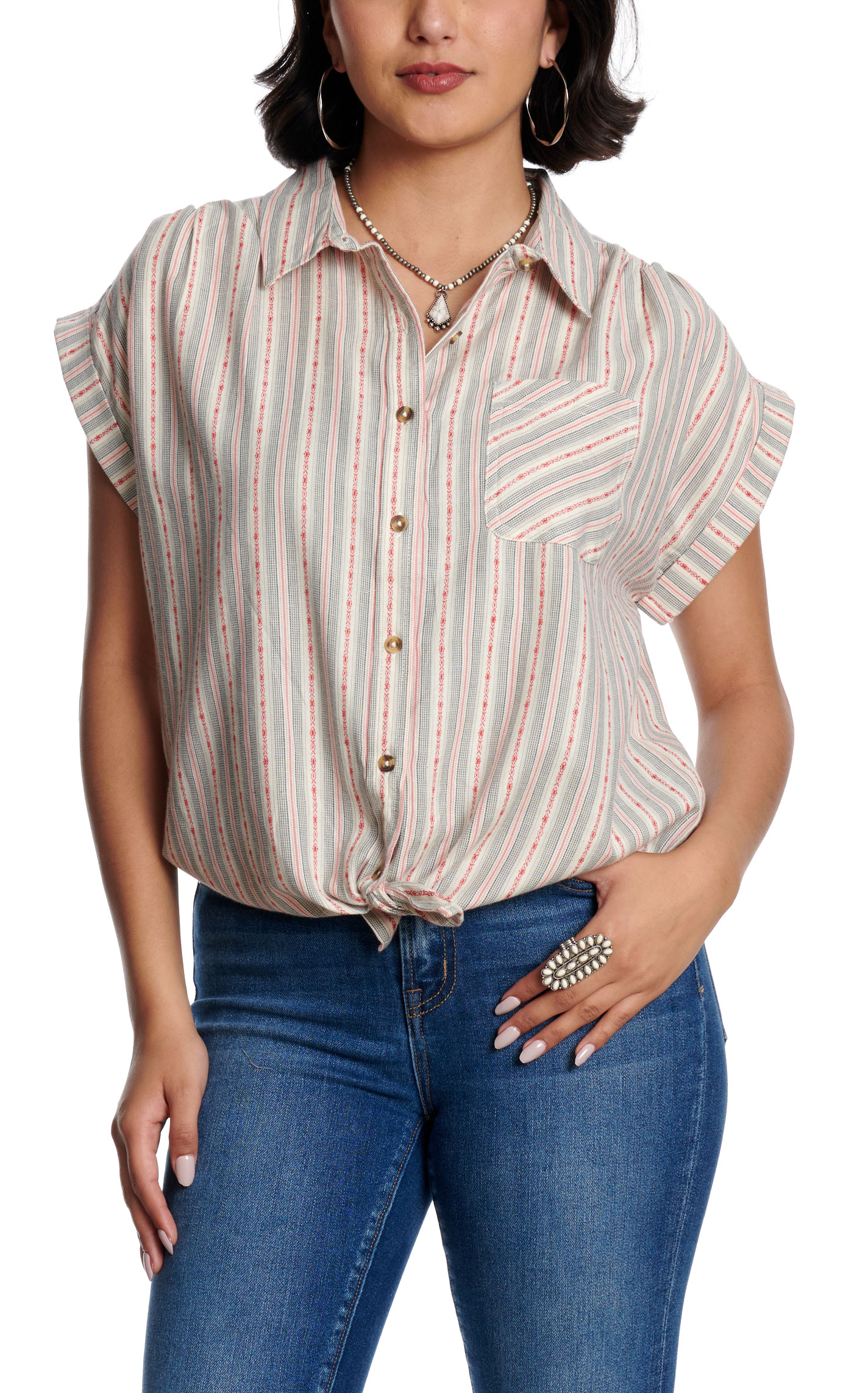 Cotton & Rye Women's Blue & Red Dobby Stripe Top - Image 1