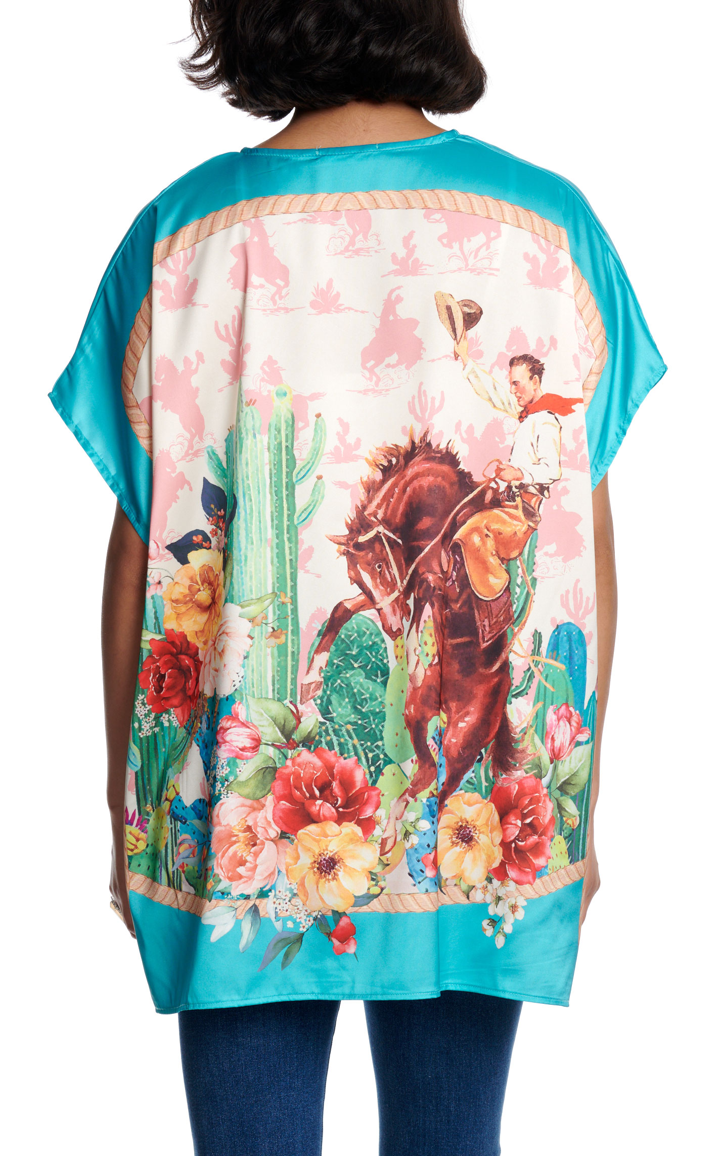 Fashion Express Women's Turquoise Western Horse & Floral Print Poncho Top - Image 1