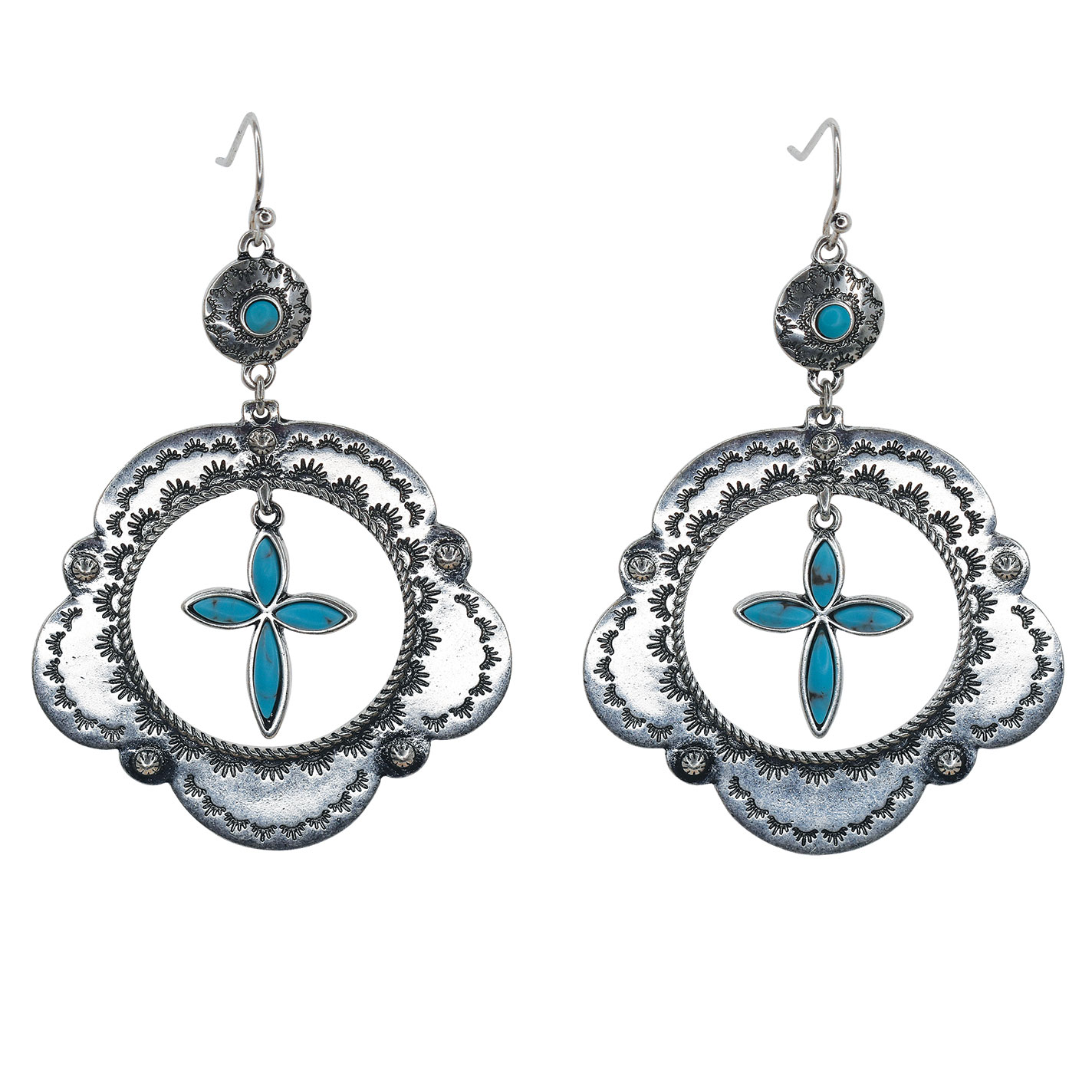 Justin Etched Silver Scalloped Oval Turquoise Charm Earrings - Image 1