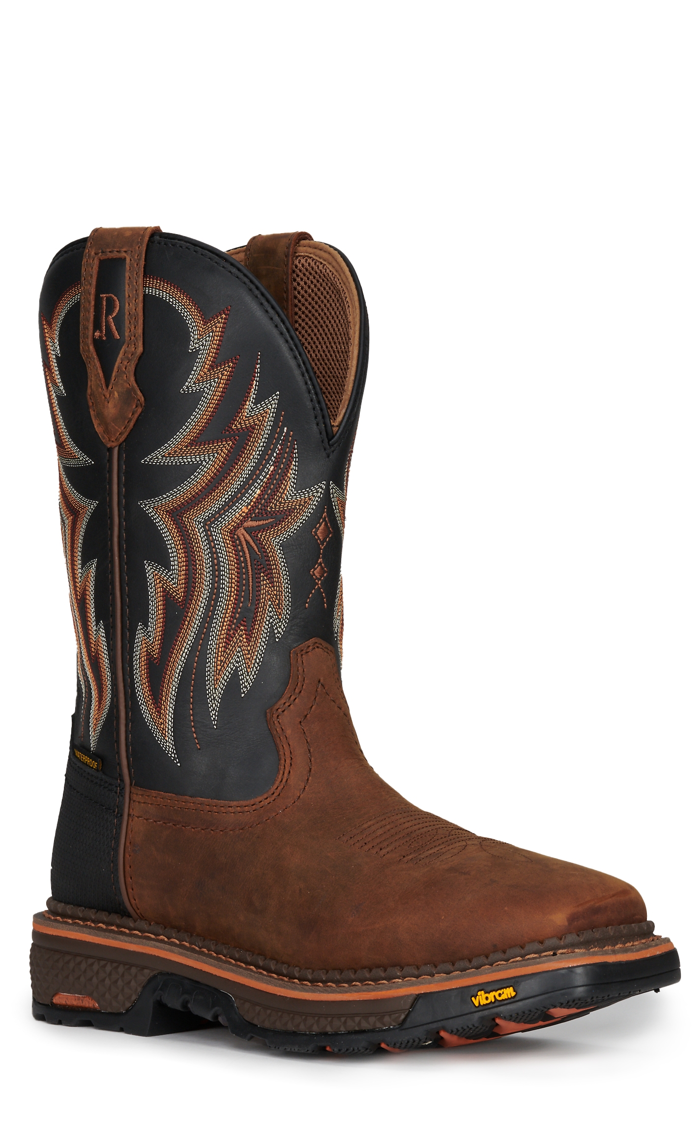 R. Watson Men's Peanut and Jet Black Waterproof Wide Square Toe Cowboy Work Boot - Image 1