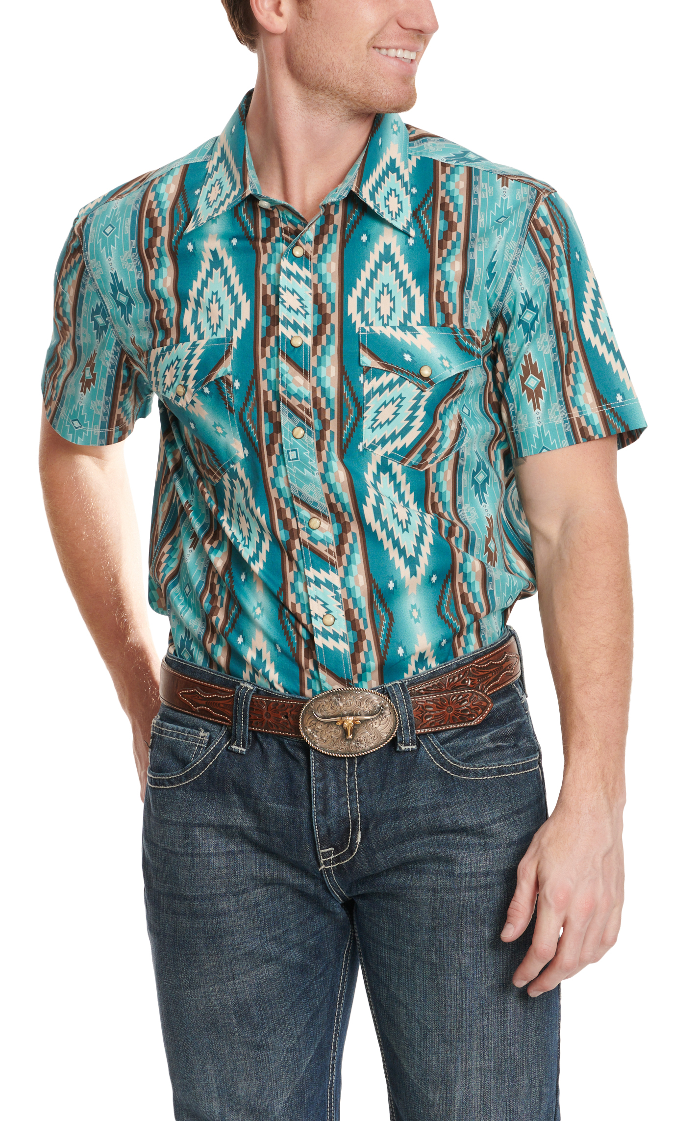 Rock & Roll Denim Men's Turquoise Aztec Print Western Shirt - Image 1