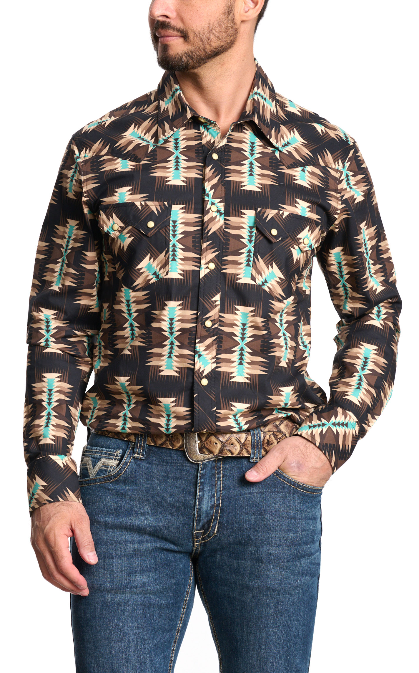 Rock & Roll Denim & Dale Brisby Men's Coffee & Sea Aztec Western Shirt - Image 1