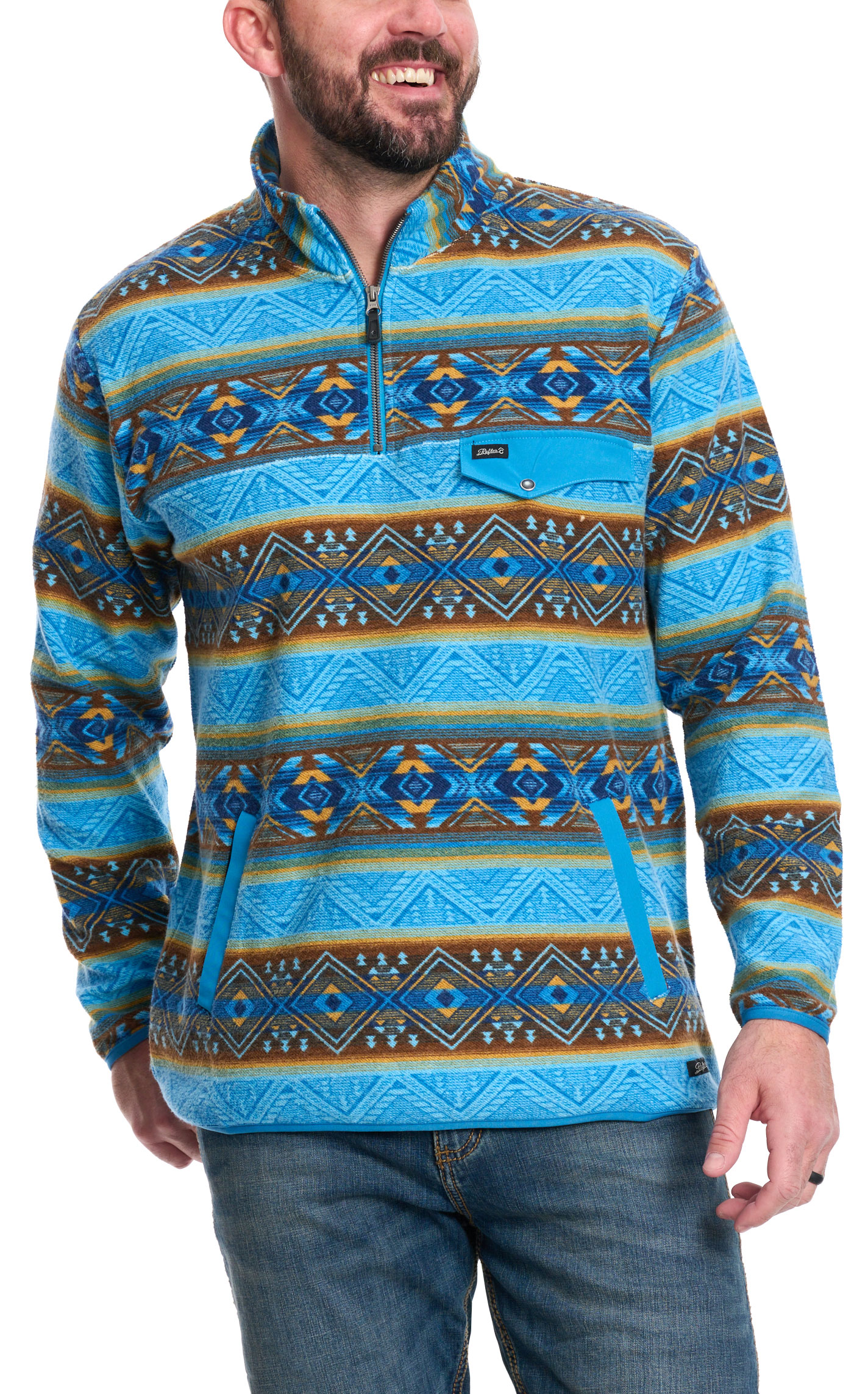 Rafter C Men's Red Dirt Collection Turquoise Aztec 1/4 Zip Pullover - Image 1
