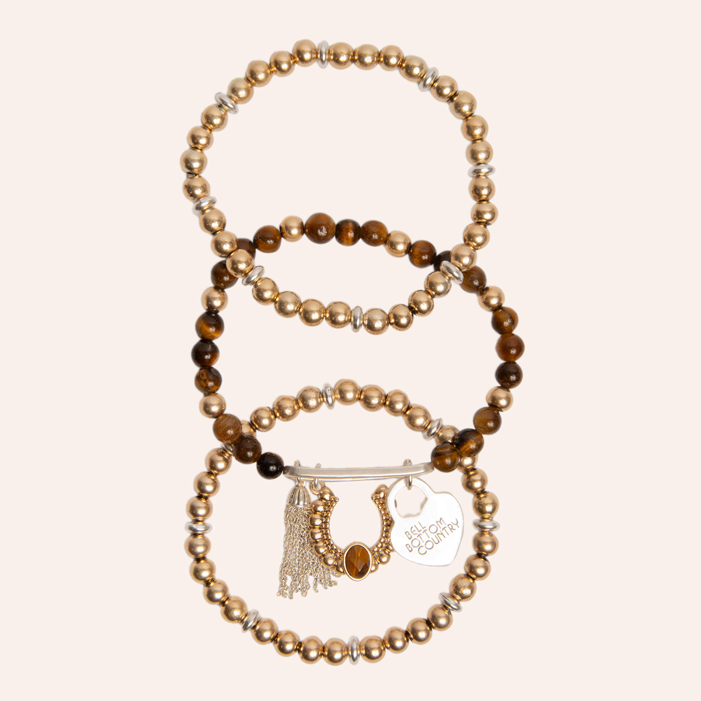 Lainey Wilson Gold & Tiger-Eye 3-Piece Beaded Bell Bottom Country Charm Bracelet Set - Image 1