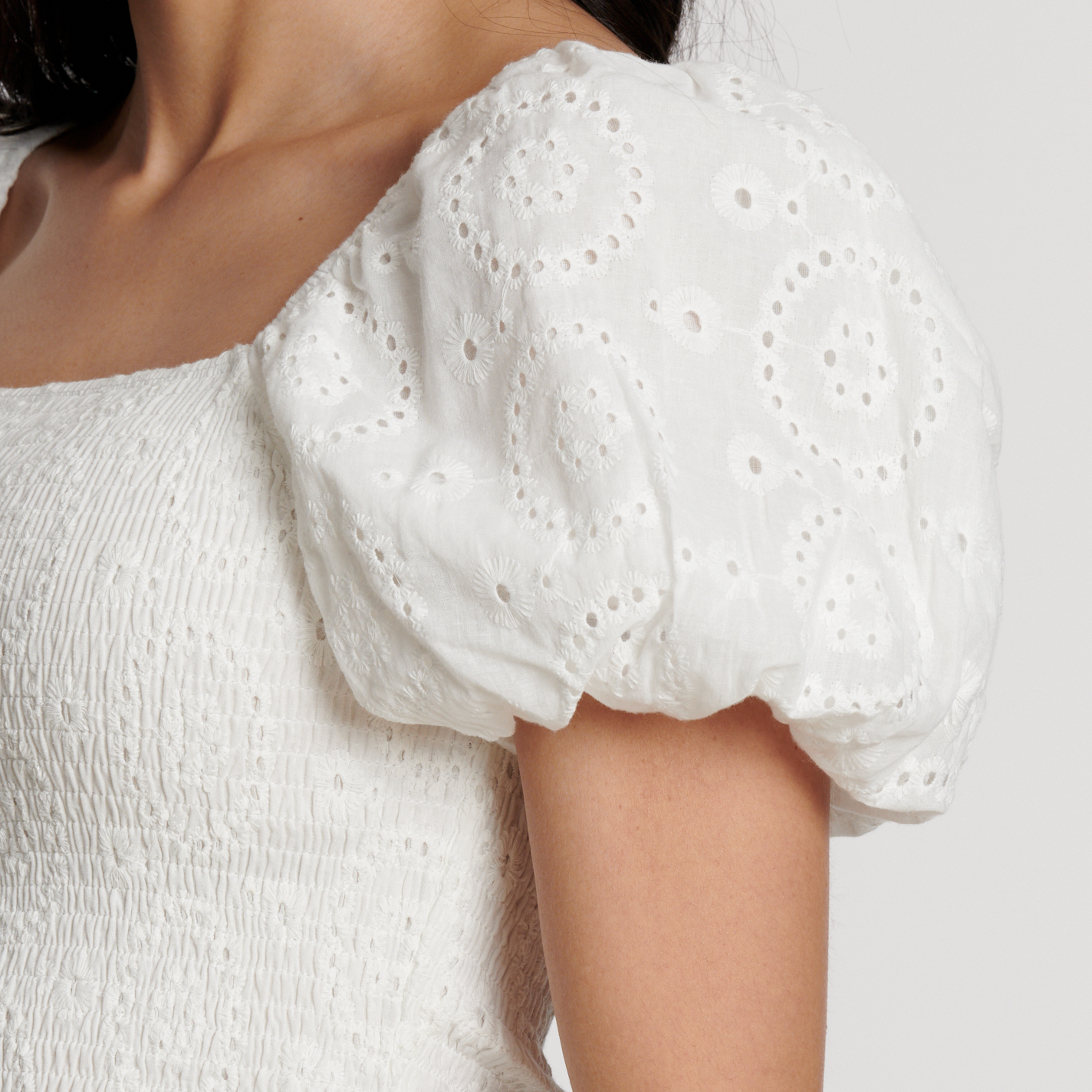 Rockin C Women's White Eyelet Puff Sleeve Smocked Midi Dress - Image 1