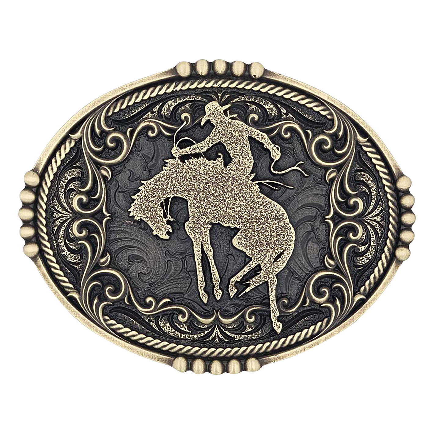 Attitude by Montana Silversmiths Antique Gold with Black Background Gold Bucking Bronc Rider Scrolling and Rope Detail Belt Buckle - Image 1