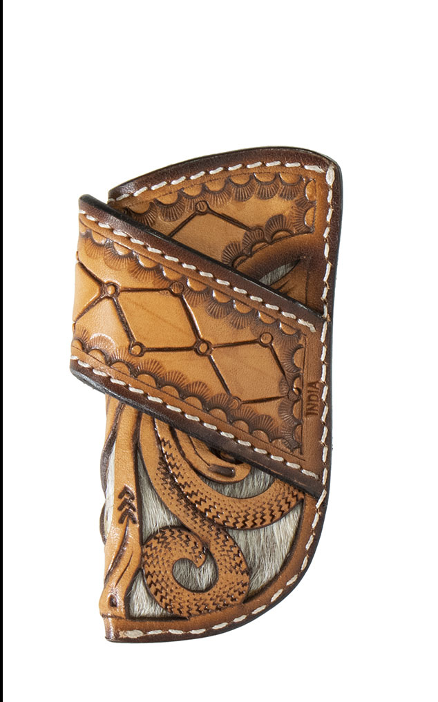 3D Belt Co Brown Floral & Scrolling Tooled Leather & Calf Hair Underlay Side Draw Knife Sheath - Image 1