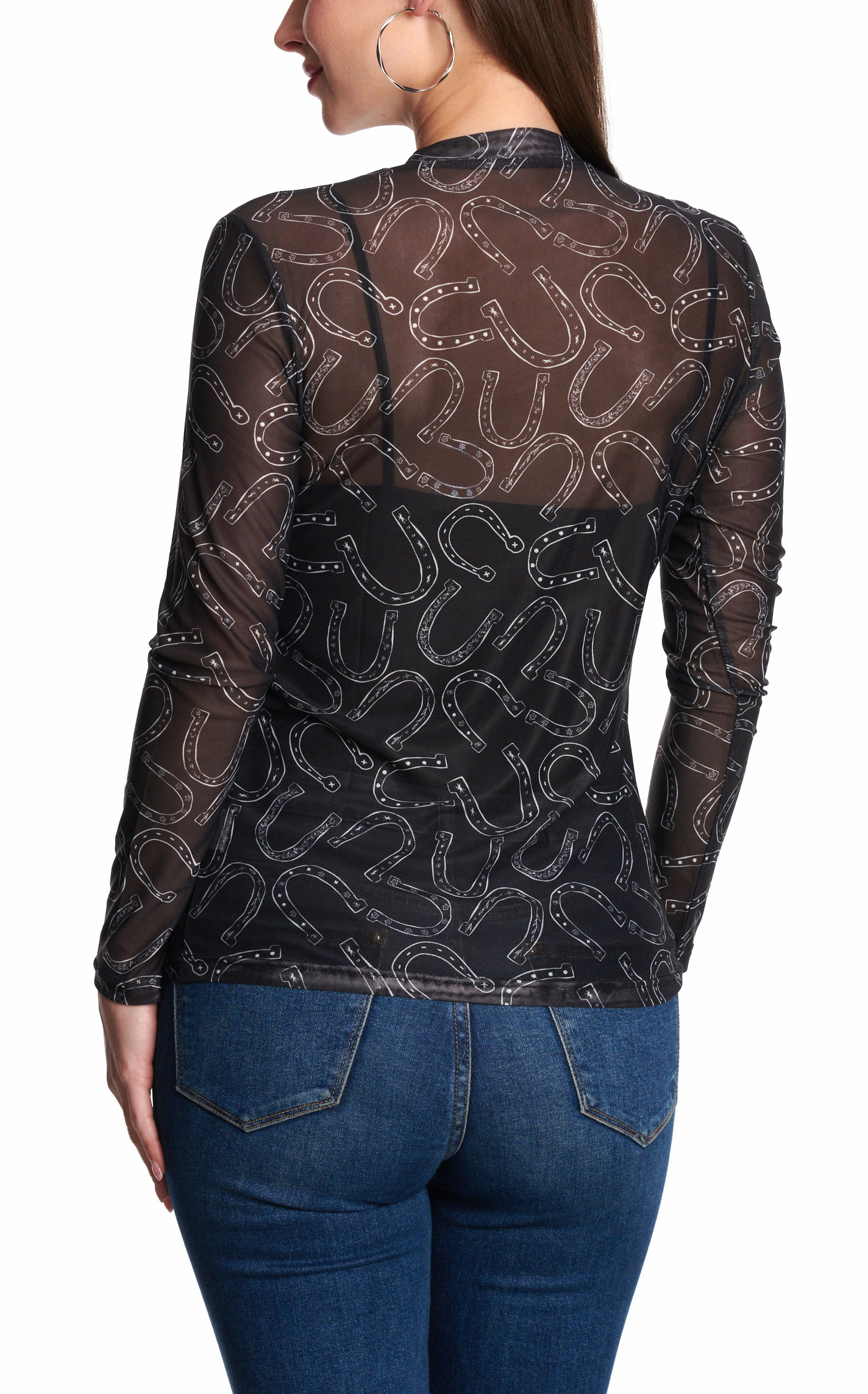 Merigold Kiss Women’s Black Horseshoe Print Mesh Shirt - Image 1