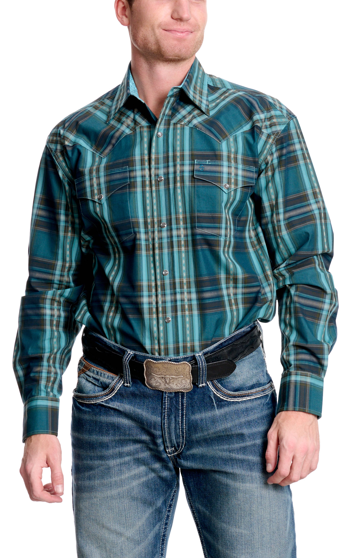 Stetson Men's Aegean Blue & Carob Plaid Western Shirt - Image 1