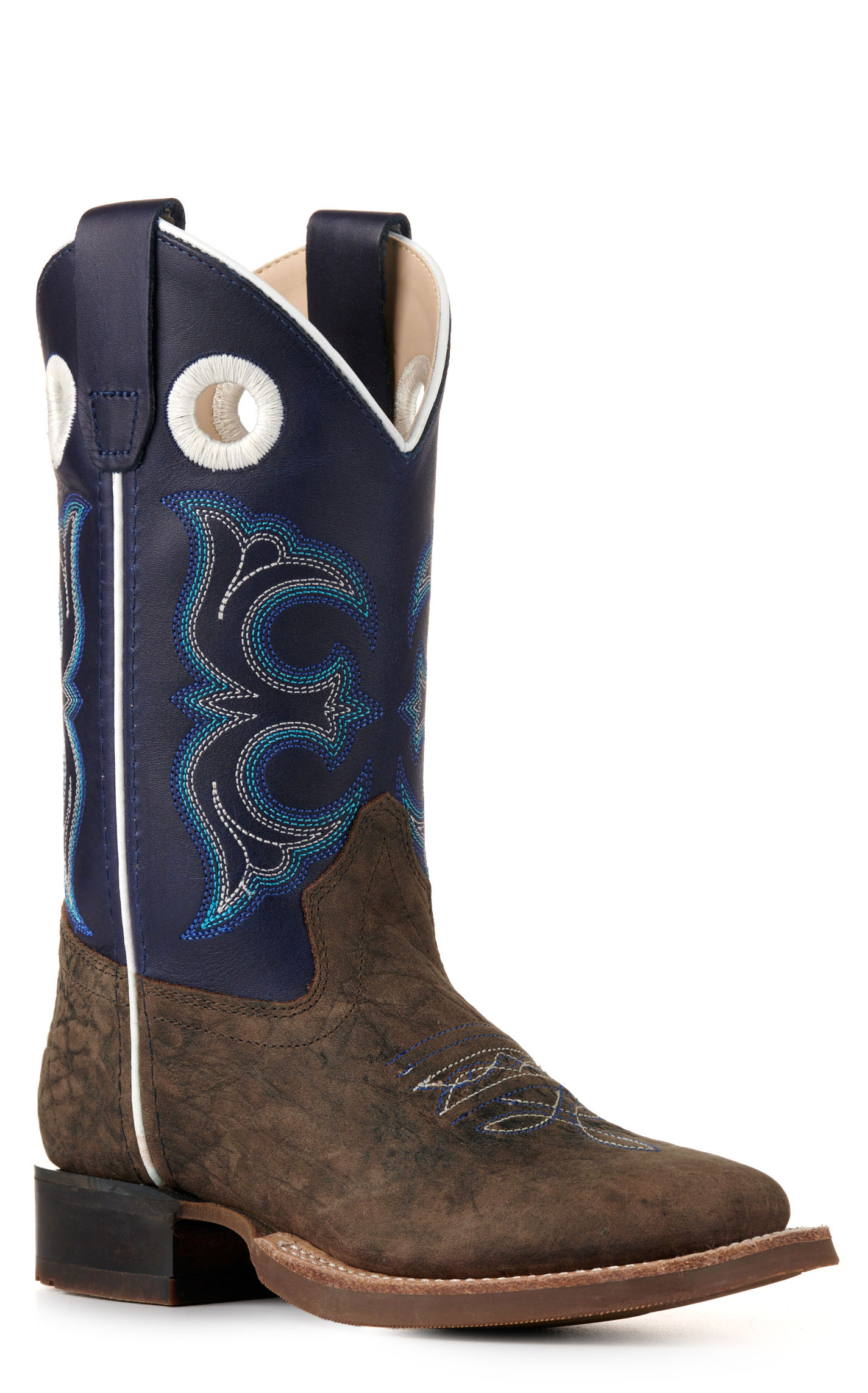 Old West Youth Dark Brown and Blue Wide Square Toe Cowboy Boots - Image 1