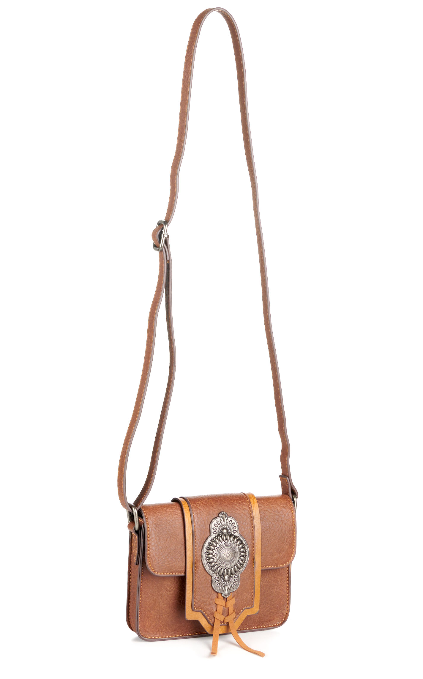 Justin Pecan & Caramel Leather Silver Concho Crossbody Bag - Image 1
