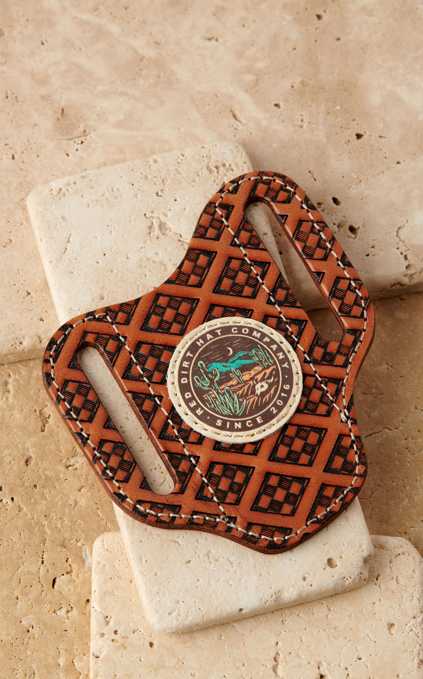 Red Dirt Hat Co. Genuine Leather Checkerboard and Desert Logo Scene Pancake Knife Sheath - Image 1