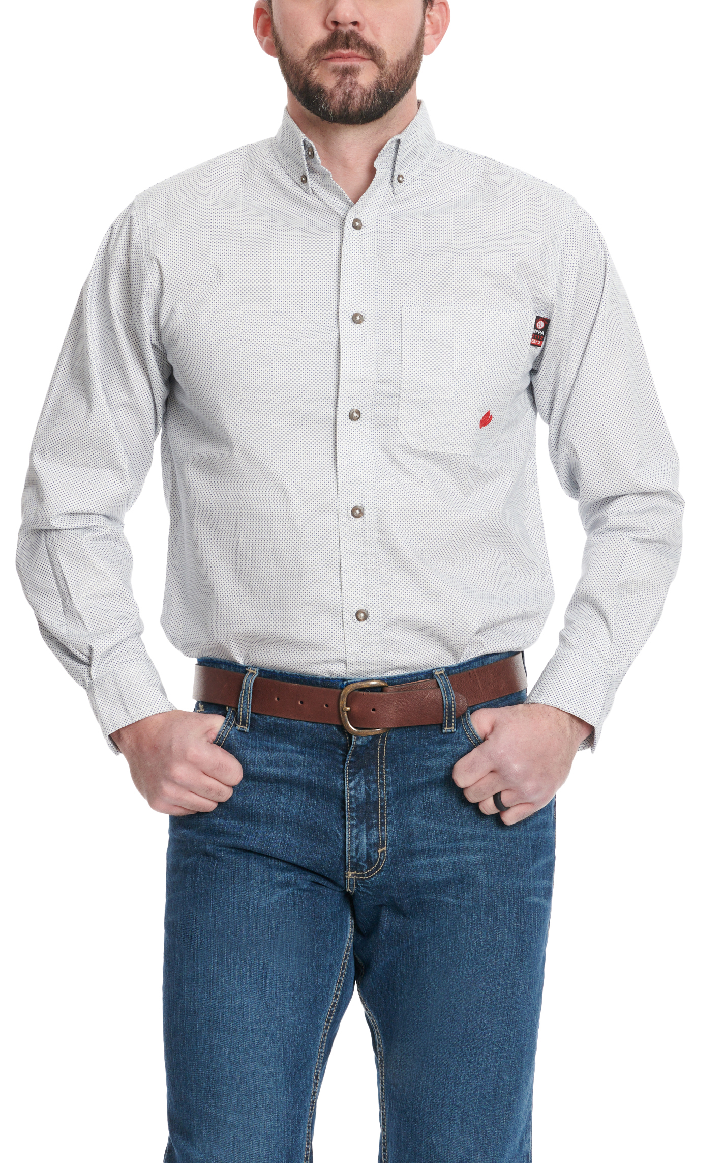Forge Men's White & Denim Blue Geo Print Long Sleeve FR Work Shirt - Image 1