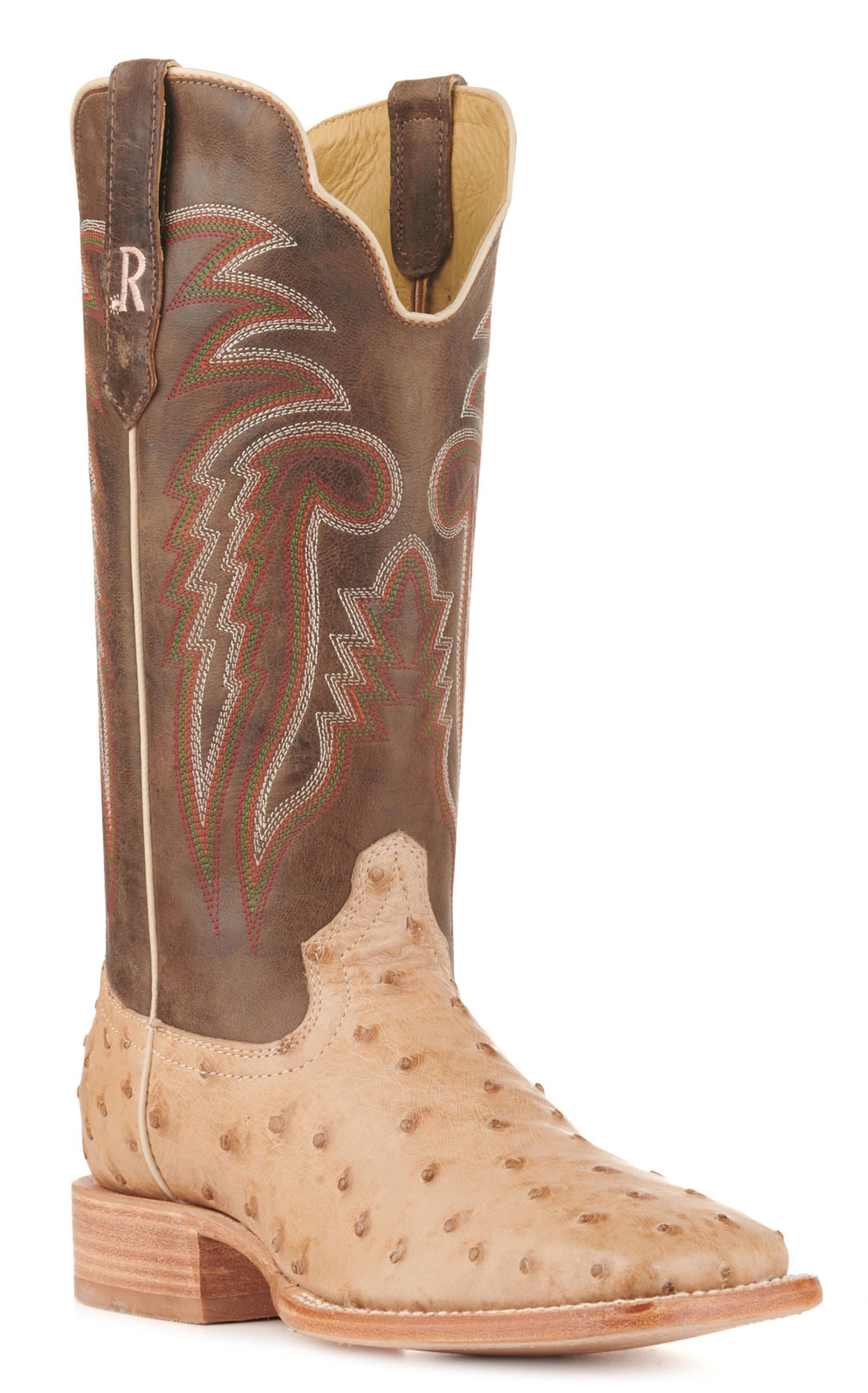 R. Watson Men's Sand Bruciato Full Quill Ostrich and Brown Wide Square Toe Cowboy Boots - Image 1