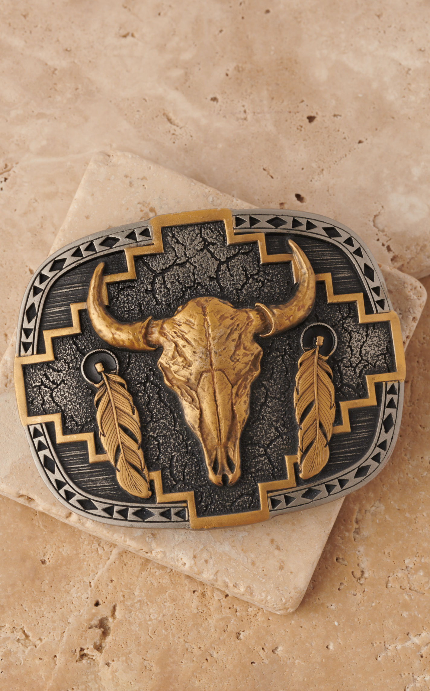 Attitude by Montana Silversmiths Abundance Antique Brass Aztec Skull Antique Silver Cracked Earth Belt Buckle - Image 1