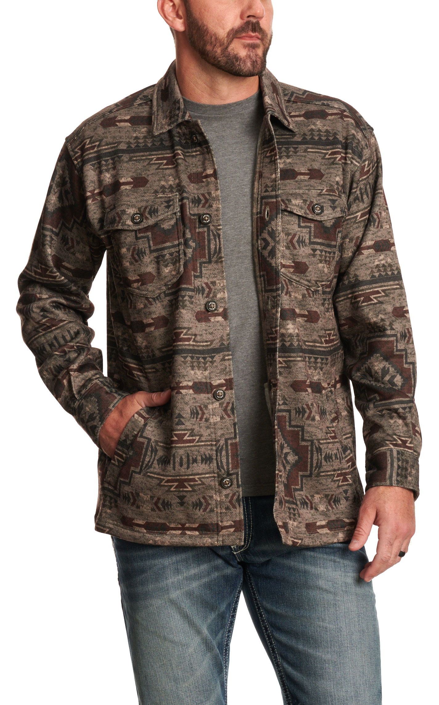 Ariat Men's Caldwell Chocolate Brindle & Coffee Aztec Print Shirt Jacket - Image 1