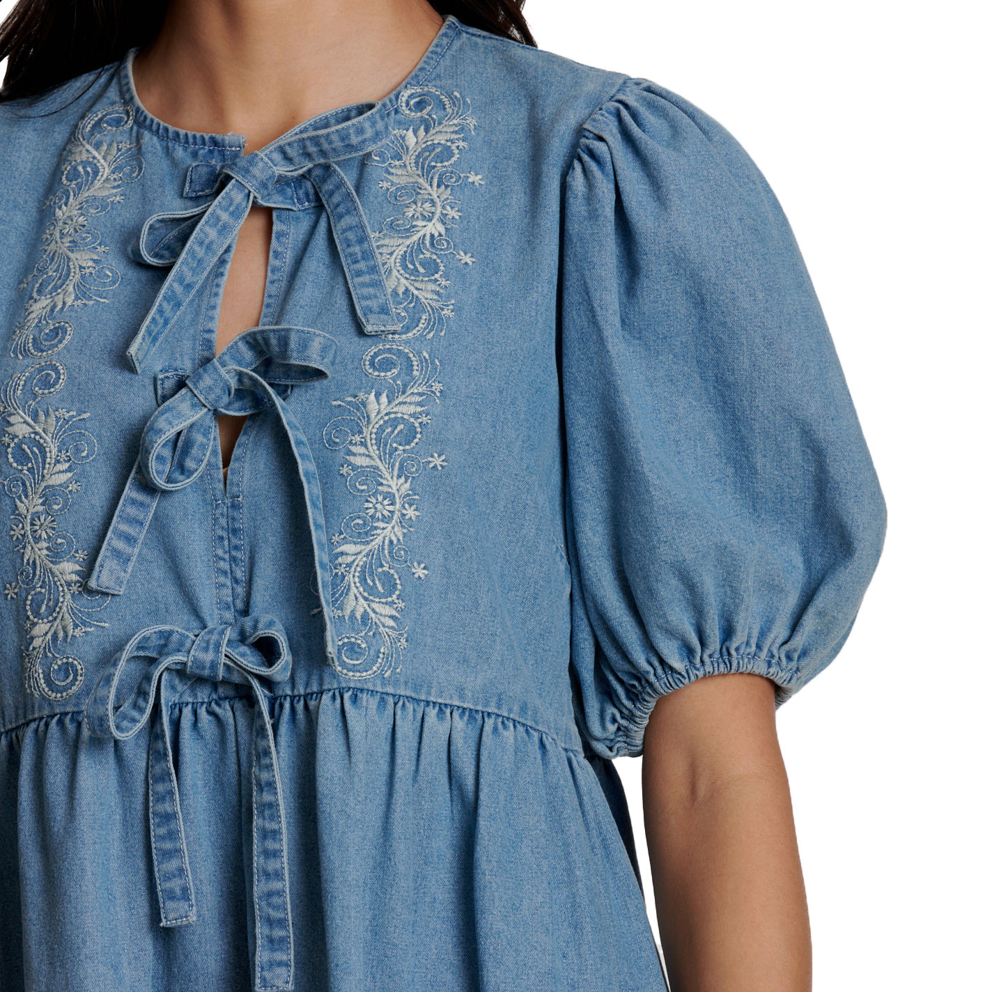 Blue B Women’s Denim Tie Front Puff Sleeve Dress - Image 1