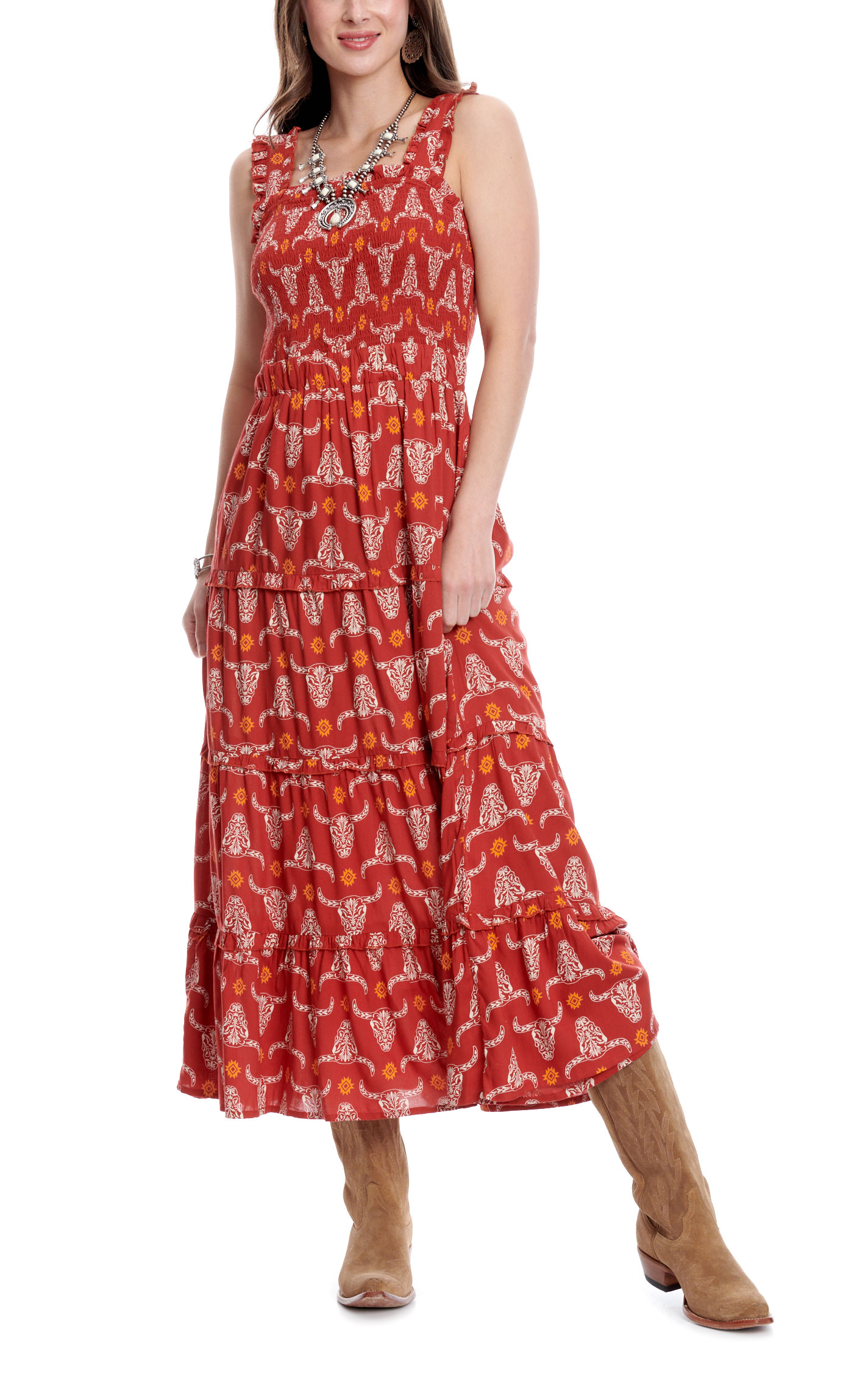 Cotton & Rye Women' s Dark Rust Floral Steer-Head Print Dress  - Image 1