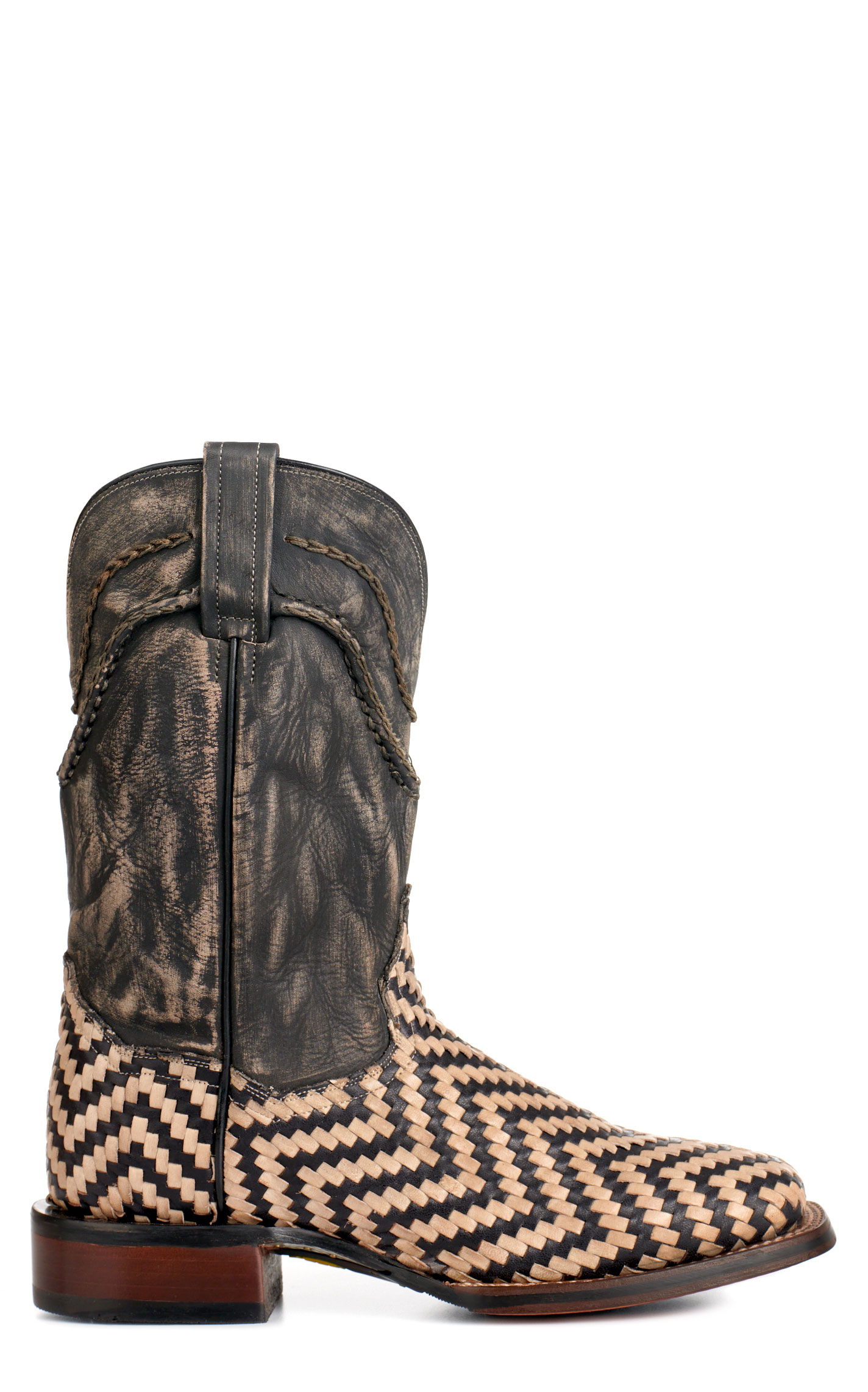 Dan Post Men's Keaton Distressed Black and Basketweave Wide Square Toe Cowboy Boots - Image 1
