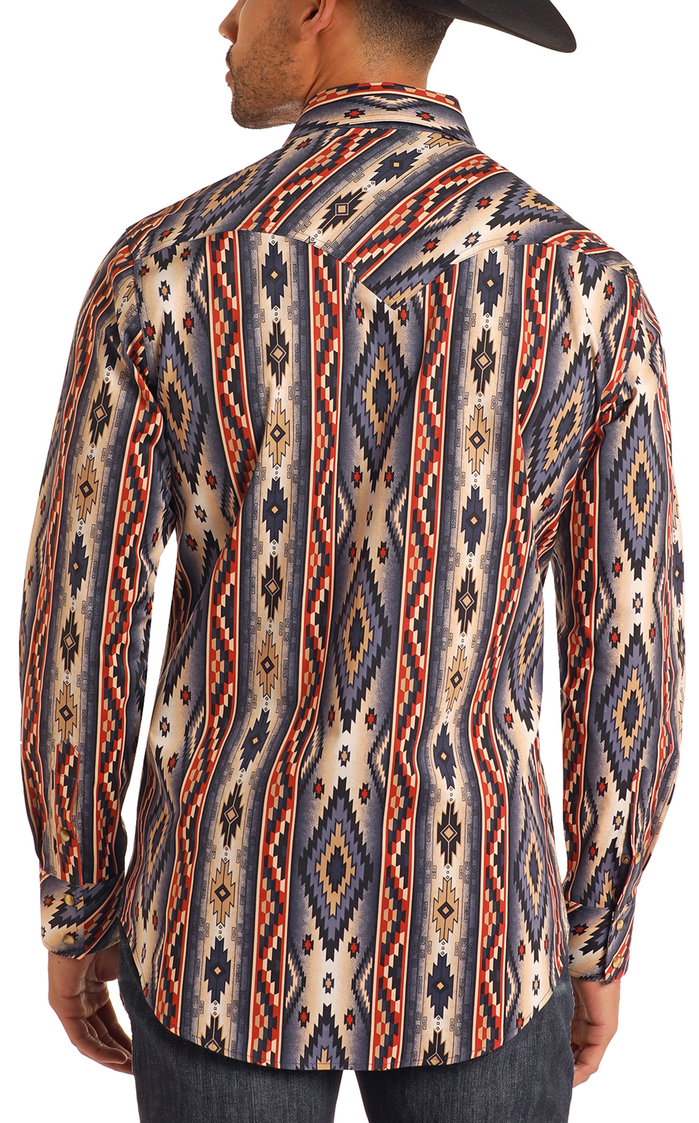 Rock & Roll Denim Men's Navy Sand & Rust Aztec Western Shirt - Image 1