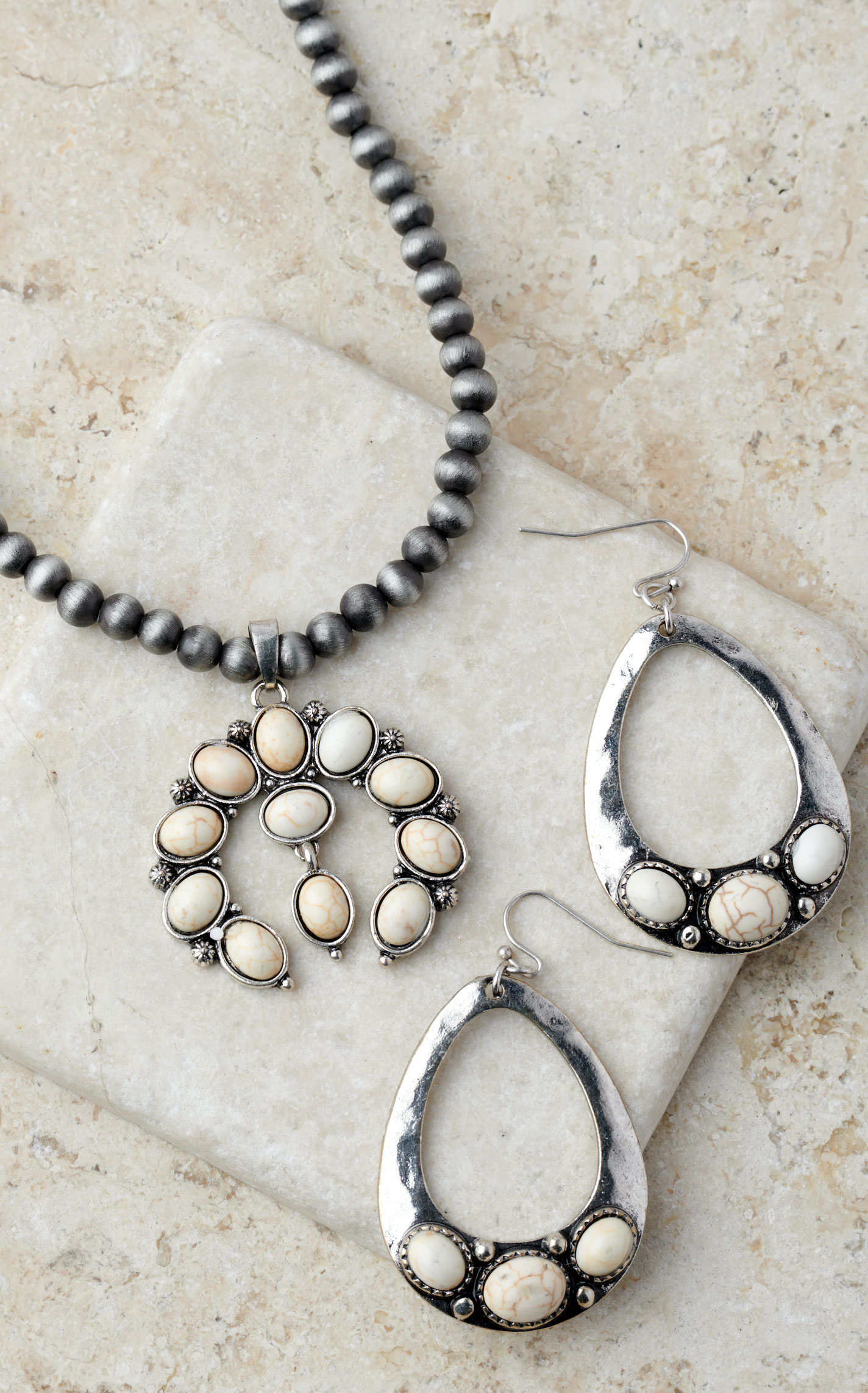 Silver Strike Silver Navajo Pearl Bead & White Squash Blossom Pendant Necklace Set - Image 1