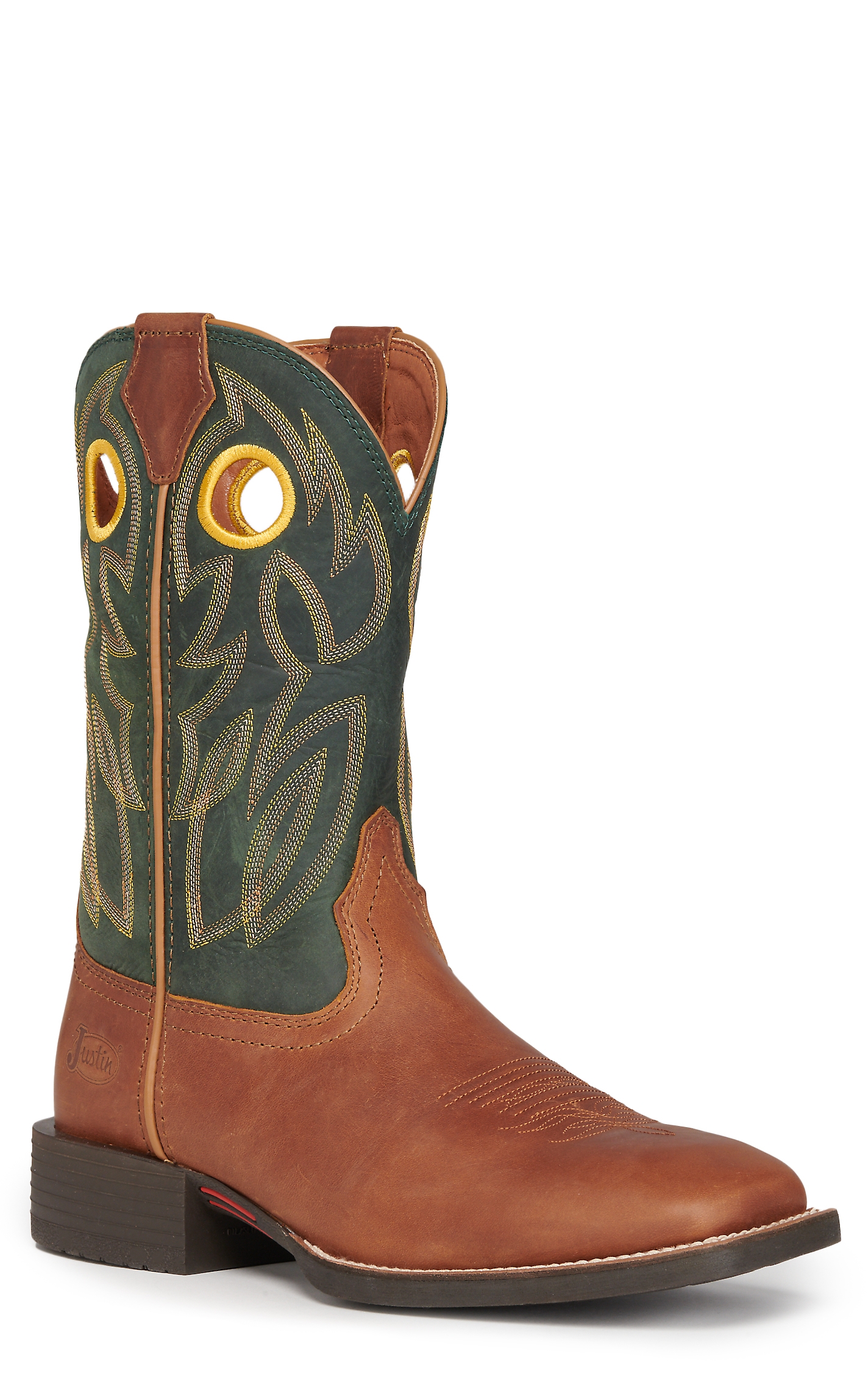Justin Men's Bowline Tan and Green Wide Square Toe Cowboy Boots - Image 1