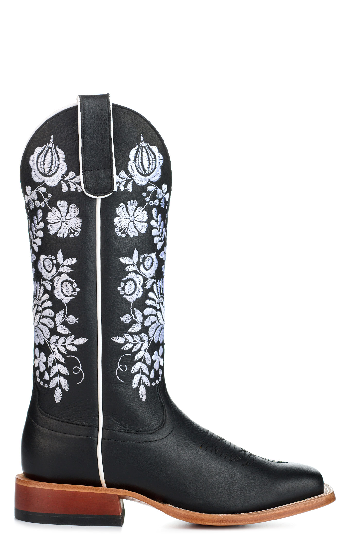Anderson Bean Women's Macie Bean Black with Floral Embroidery Wide Square Toe Cowboy Boots  - Image 1