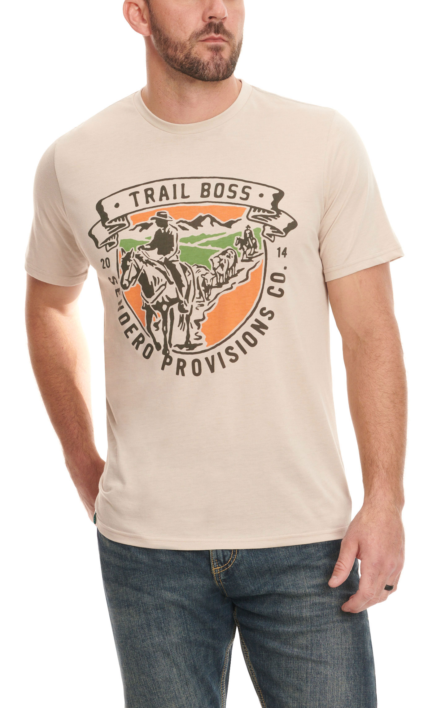 Sendero Provisions Co. Men's Sandy Tan Trail Boss Logo Graphic Short Sleeve T-Shirt - Image 1