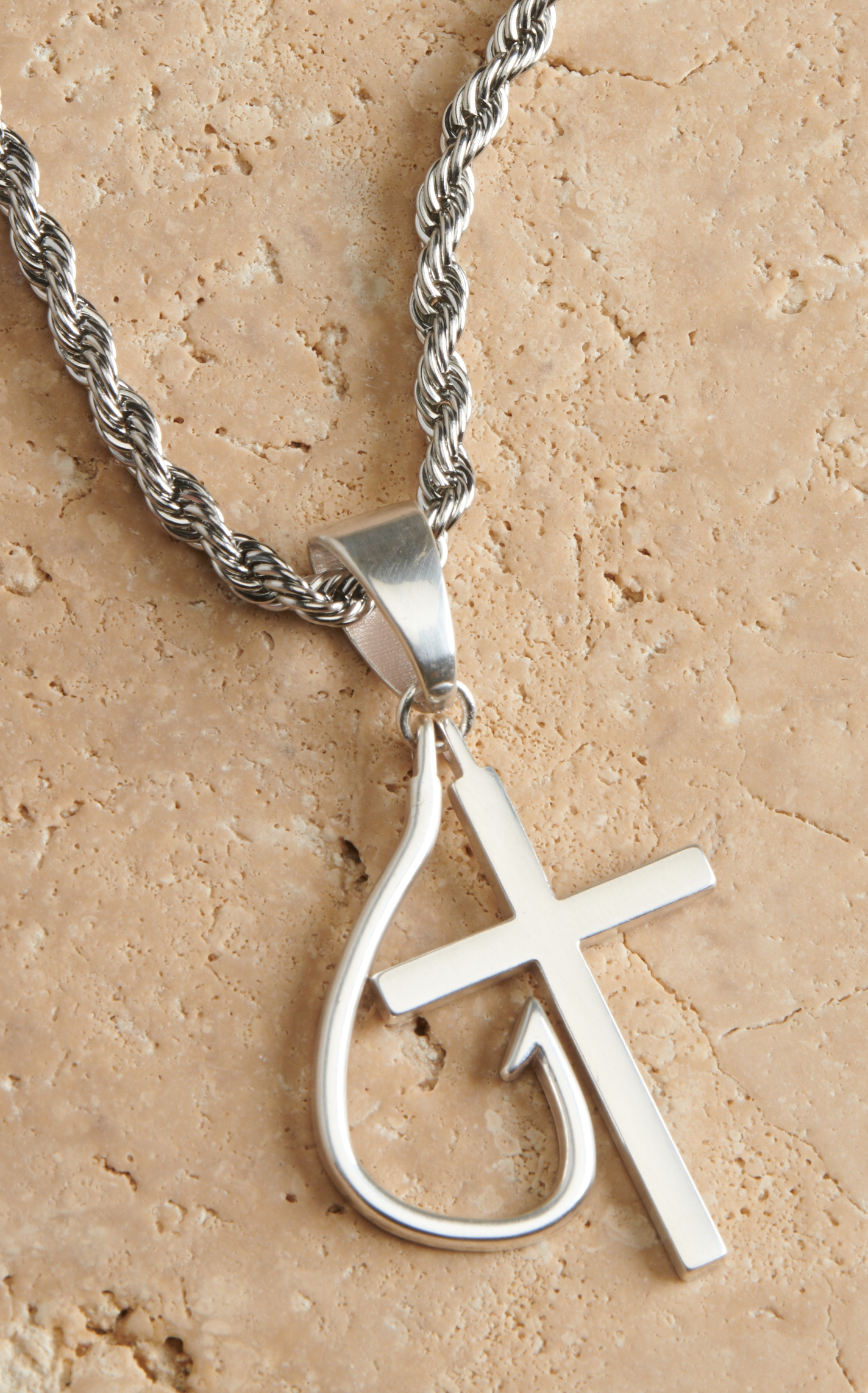 Twister Silver Chain Cross Fish Hook Necklace - Image 1
