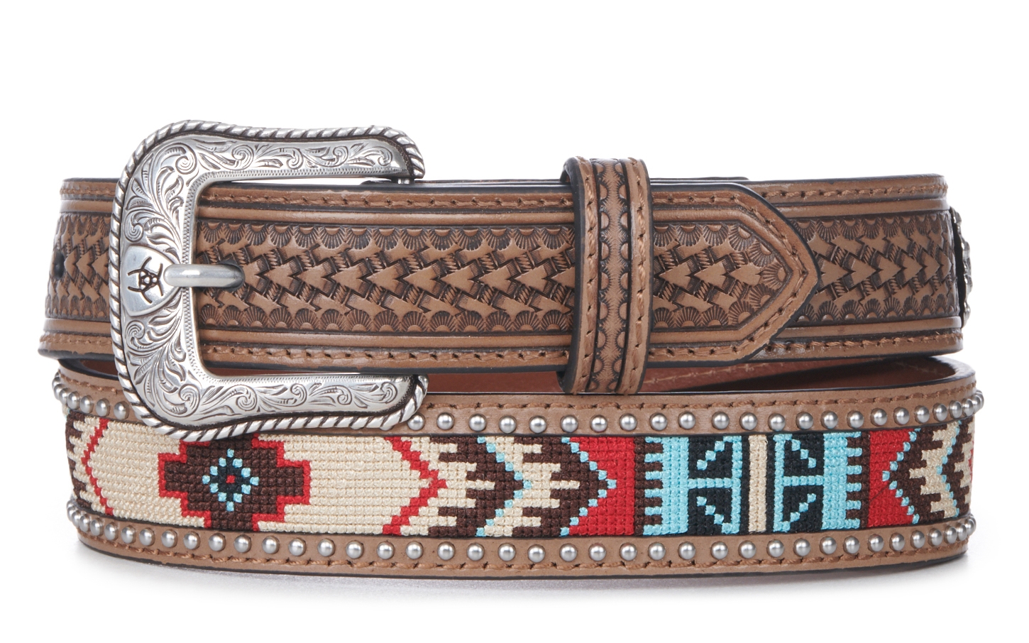Ariat Boys' Brown with Aztec and Studs Basketweave Western Belt - Image 1