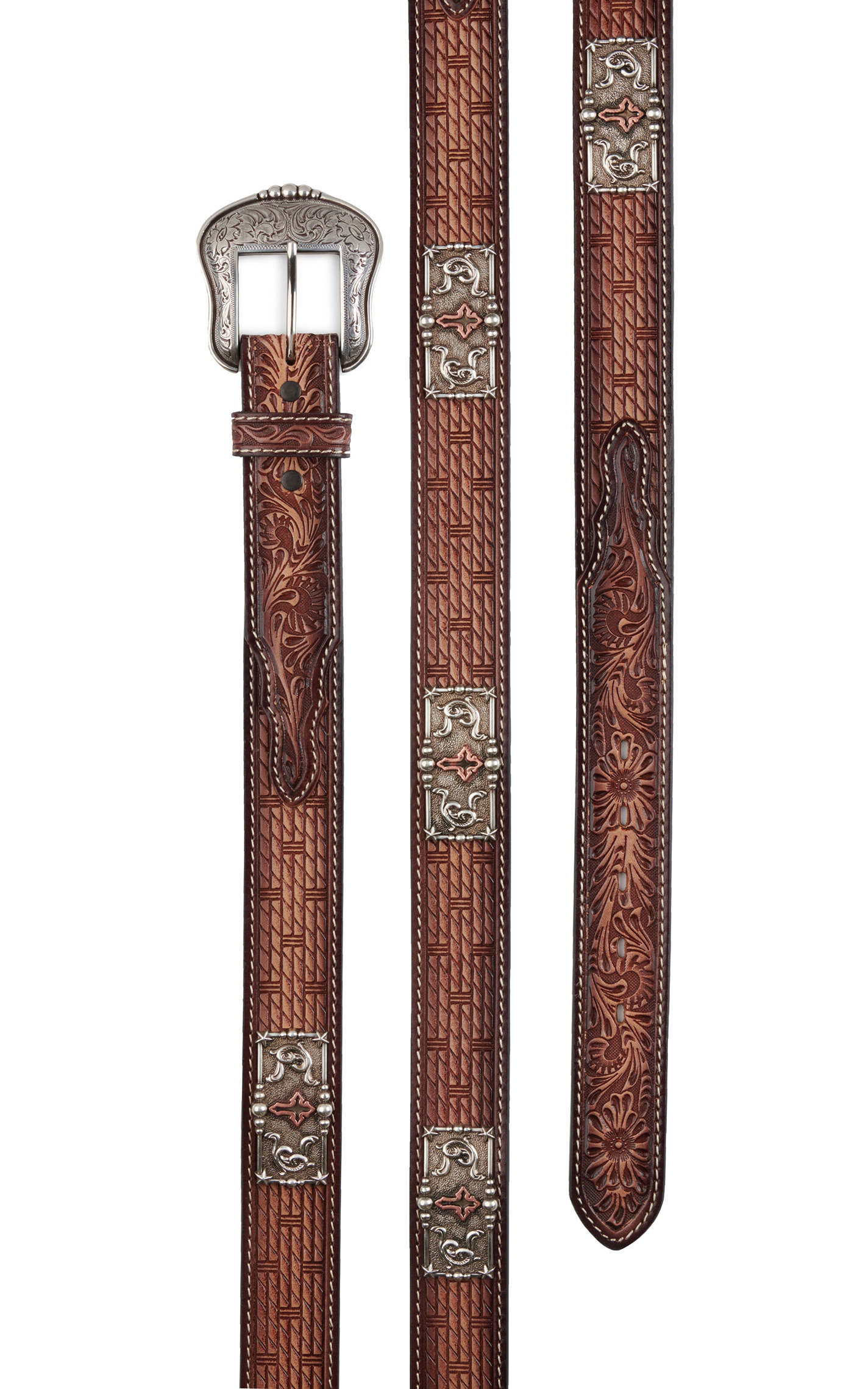 3D Belt Co Men's Brown and Tan Basketweave with Cross Conchos Western Belt - Image 1