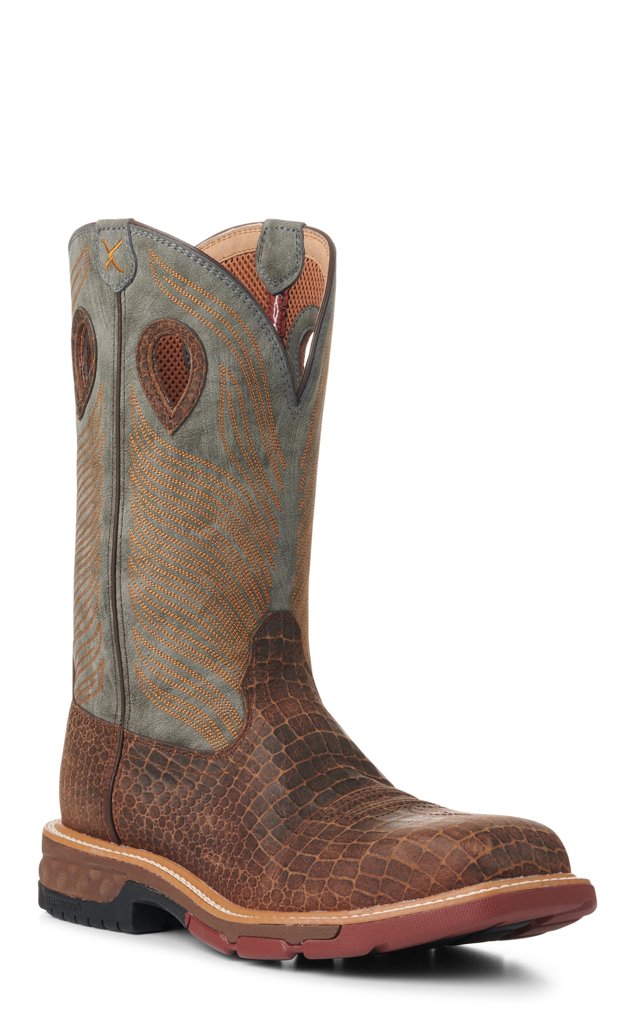 Twisted X Men's Brown Caiman Print Foot and Gray CellStretch Wide Square Composite Toe Work Boots - Image 1