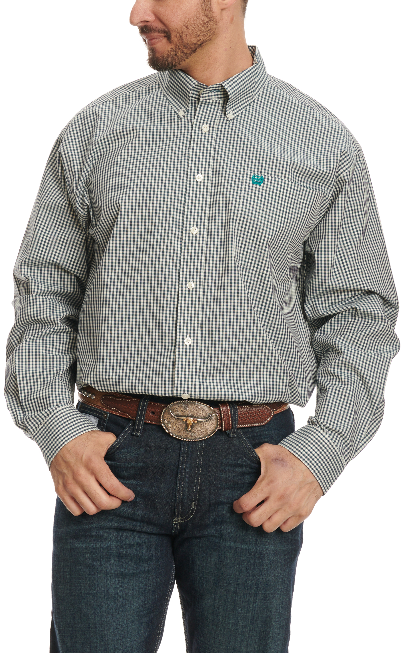 Cinch Men's Black & Cream Gingham Print Western Shirt - Image 1