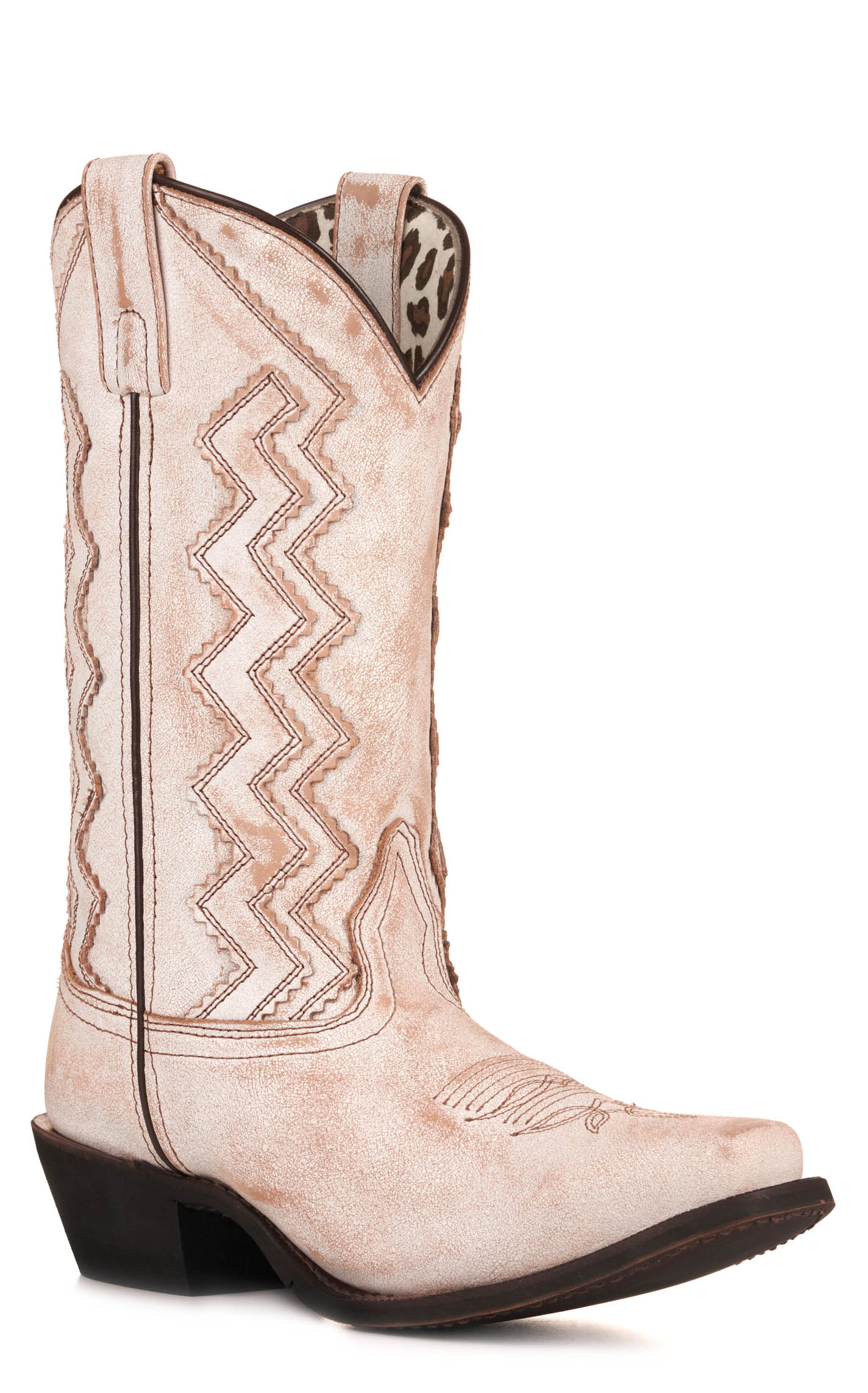 Laredo Women's Audrey Distressed Bone with Zig Zag Overlay Punchy Square Toe Cowboy Boots - Image 1