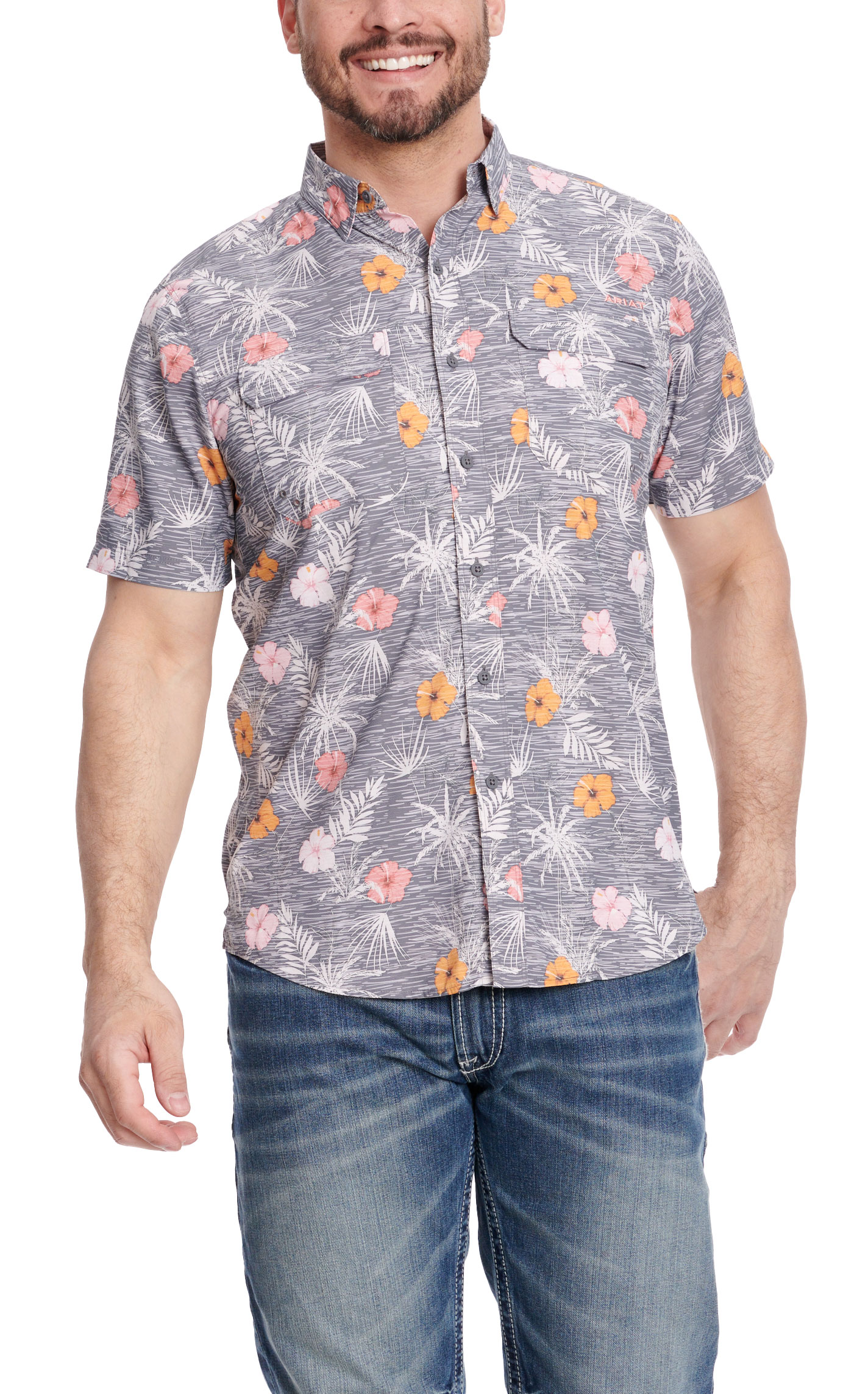 Ariat Men's VentTEK Outbound Gray & Hibiscus Tropical Print Short Sleeve Shirt - Image 1