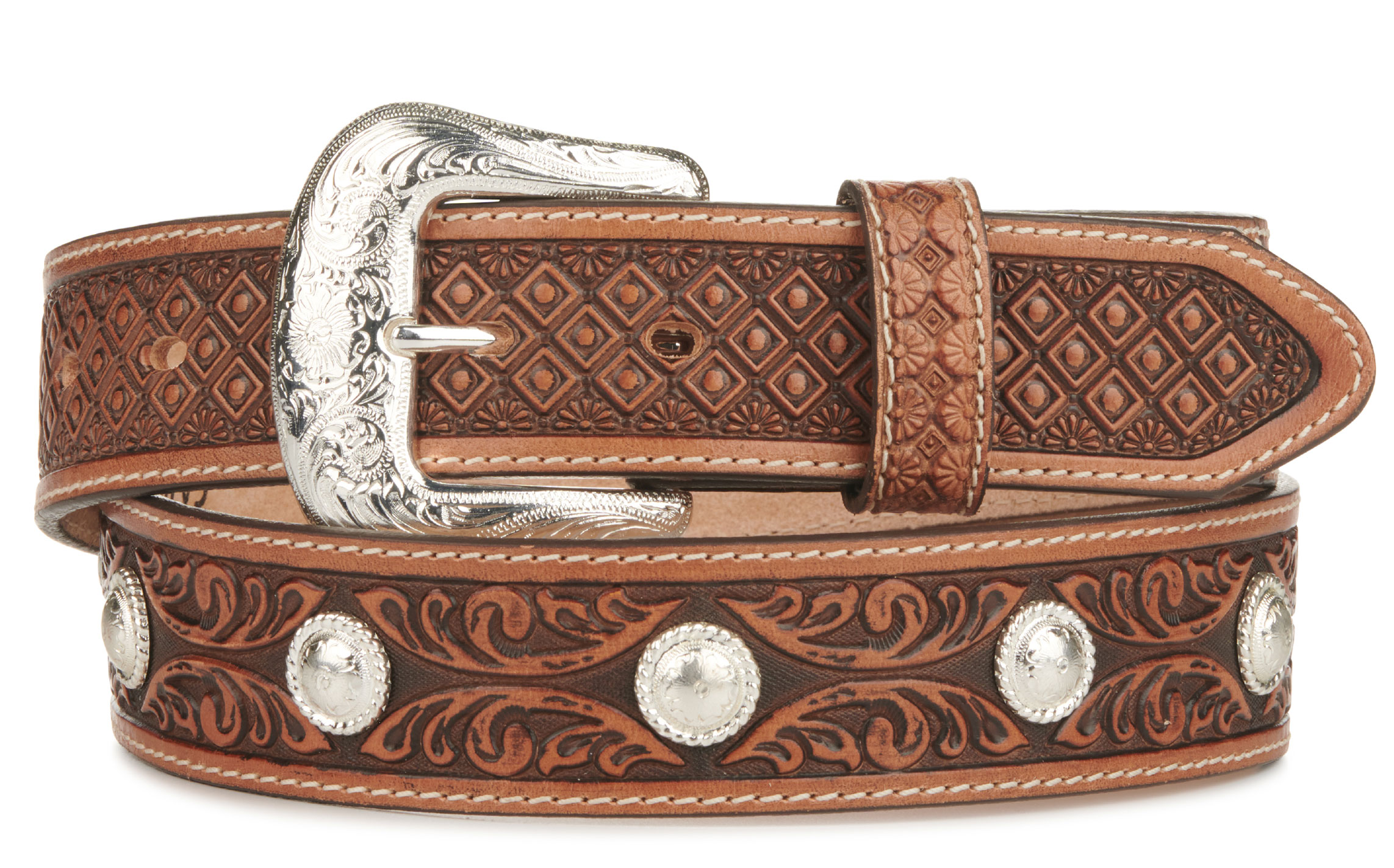 Tony Lama Men's Dark Brown Tan Vines & Diamonds Silver Button Accent Western Belt - Image 2