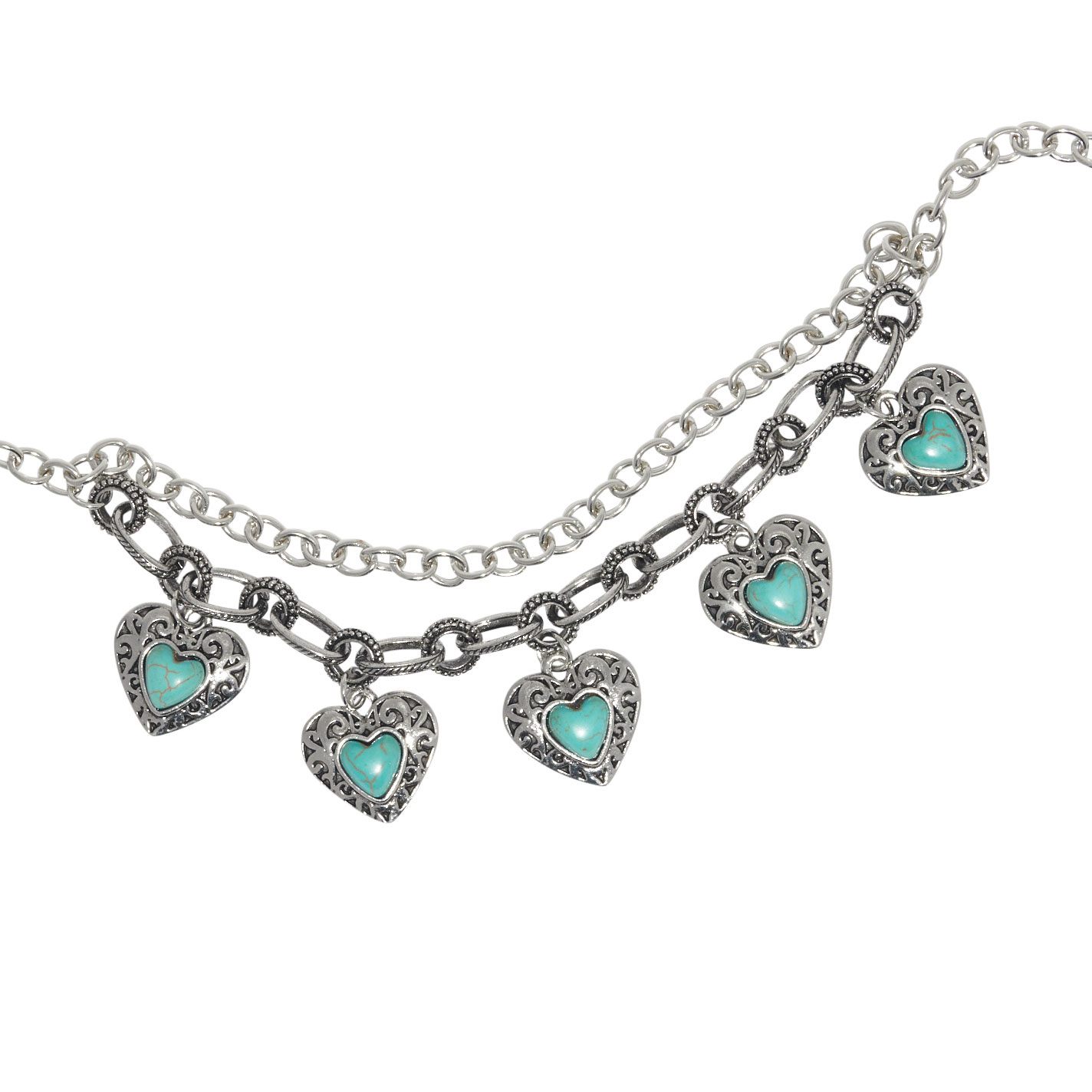 Rockin' C Silver & Turquoise Etched Hearts Boot Chain - Image 1