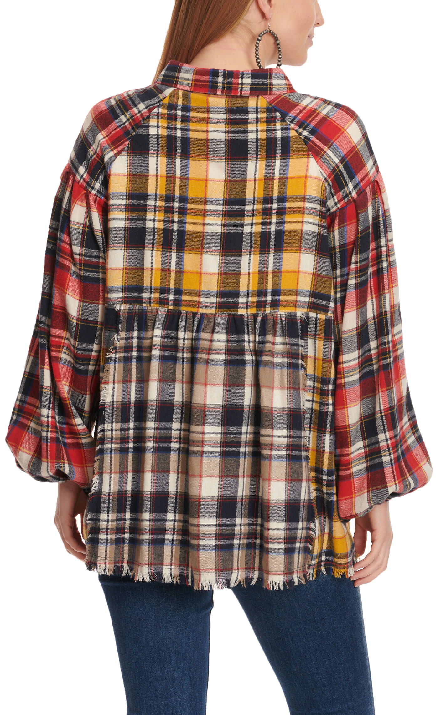 MAZIK Women's Red, Navy & Mustard Plaid Flannel Babydoll Long Puff Sleeve Top - Image 1