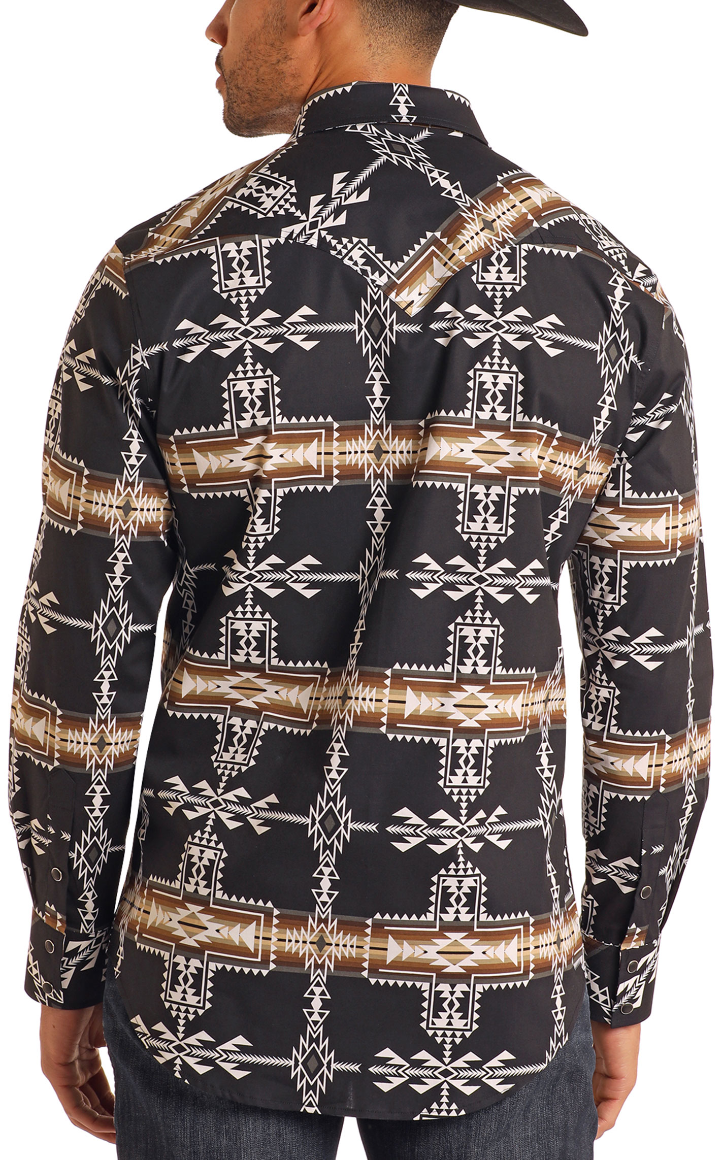 Rock & Roll Denim Men's Black & Shades of Coffee Aztec Western Shirt - Image 1