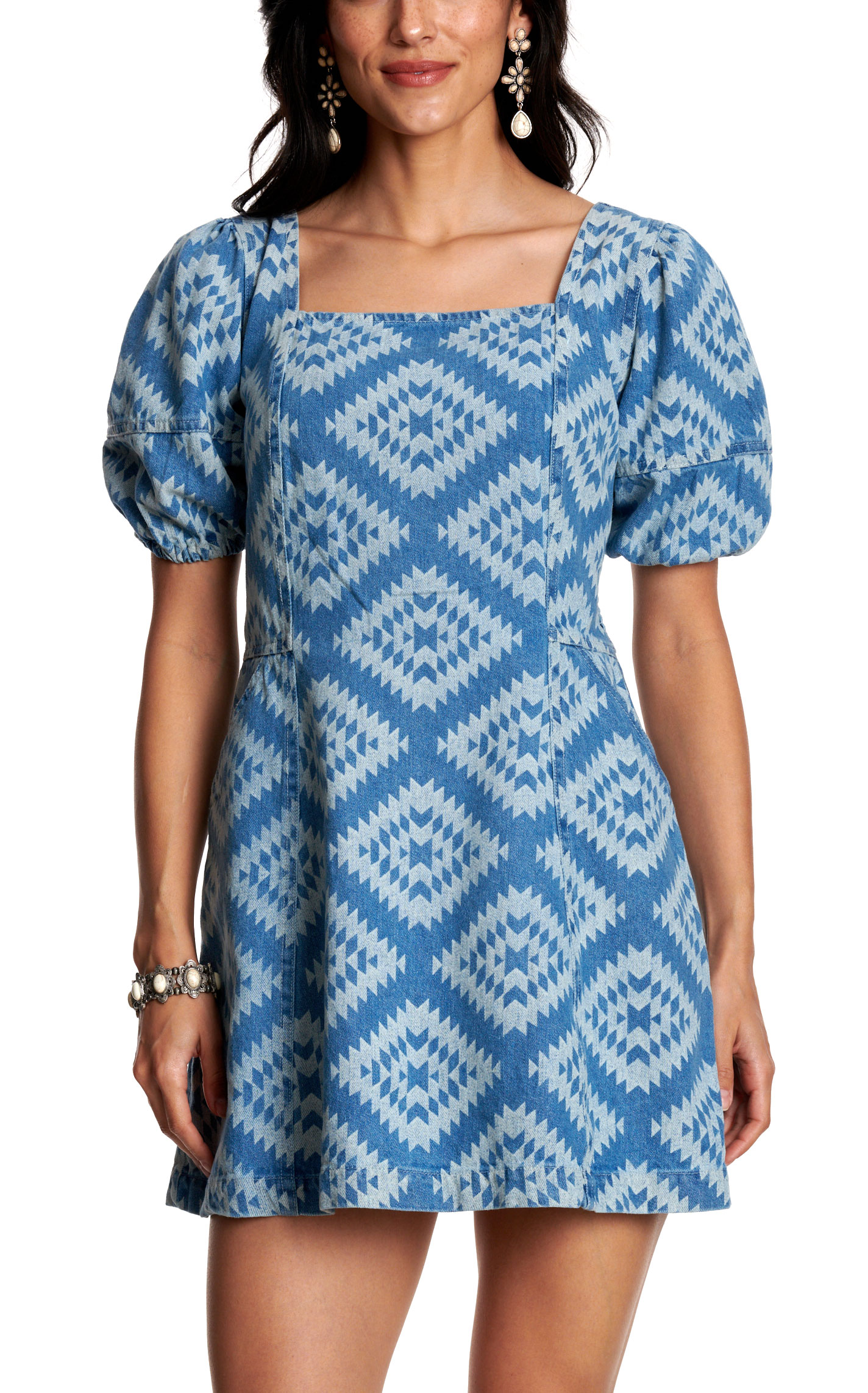 Cotton & Rye Women’s Denim Aztec Puff Sleeve Dress - Image 4
