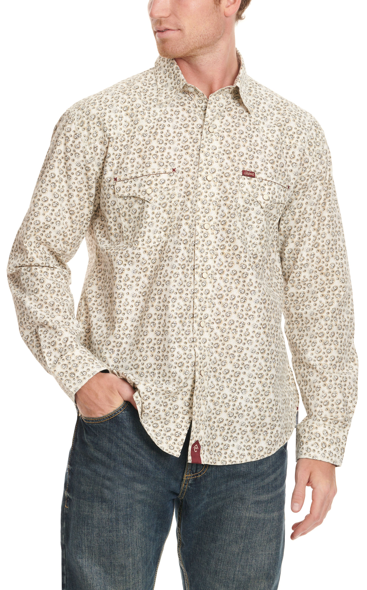 Rafter C Men's Red Dirt Collection Taupe & Chocolate Floral Geo Western Shirt - Image 1