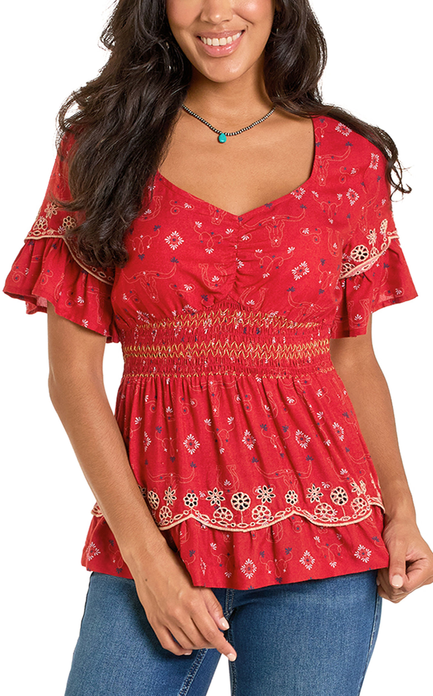 Panhandle Slim Women's Red Smocked Eyelet Layered Blouse - Image 1