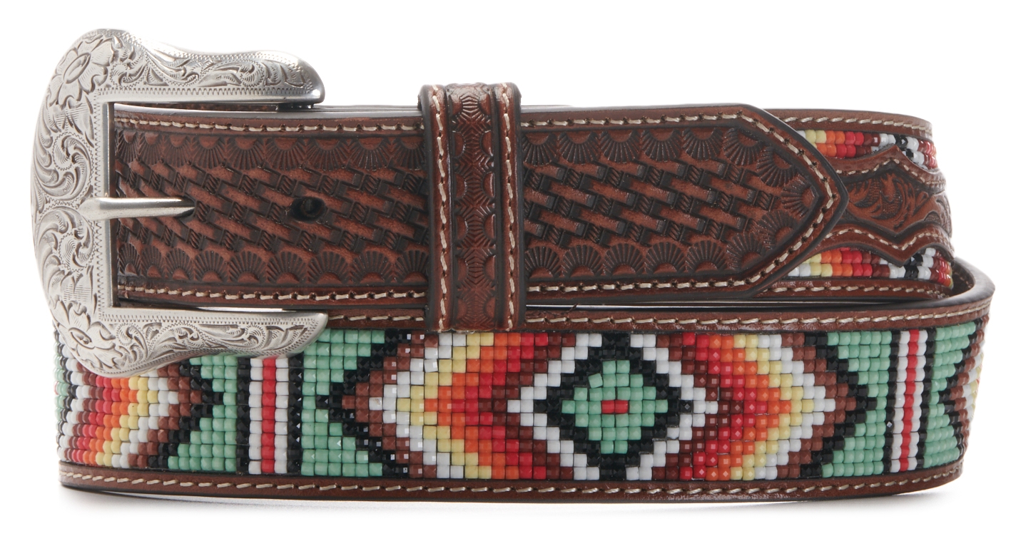 Nocona Men's Brown Leather Basket Weave with Sage Green Colorful Aztec Beading Western Belt - Image 1