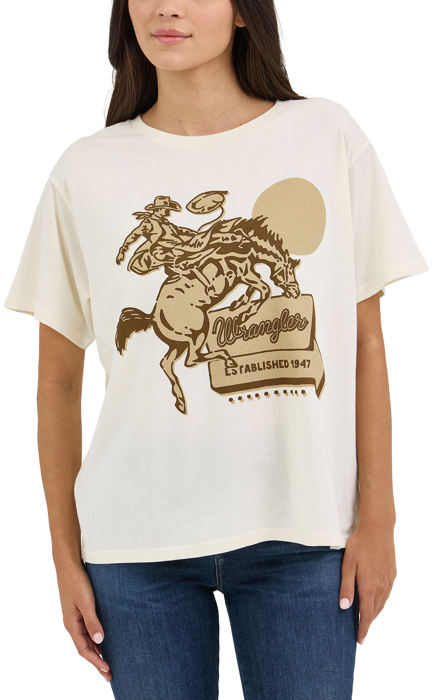 Wrangler Retro Women's Cream & Coffee Bronc Rider Logo Graphic T-Shirt - Image 3