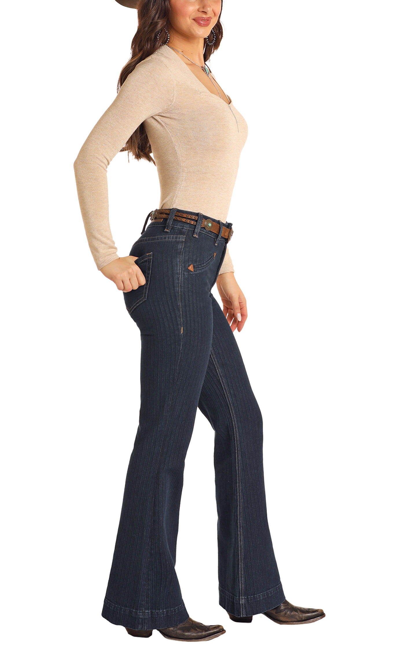 Rock & Roll Denim Women's Dark Wash Curved Arrow Pocket Trouser Leg Jeans - Image 1