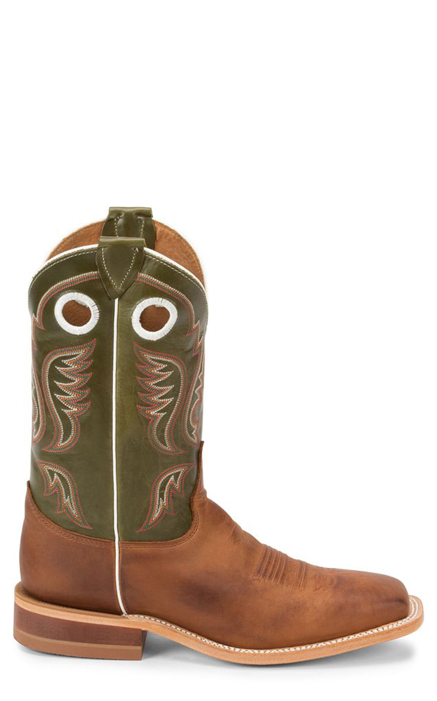 Justin Men's Bent Rail Austin Cognac and Green Wide Square Toe Cowboy Boots - Image 1
