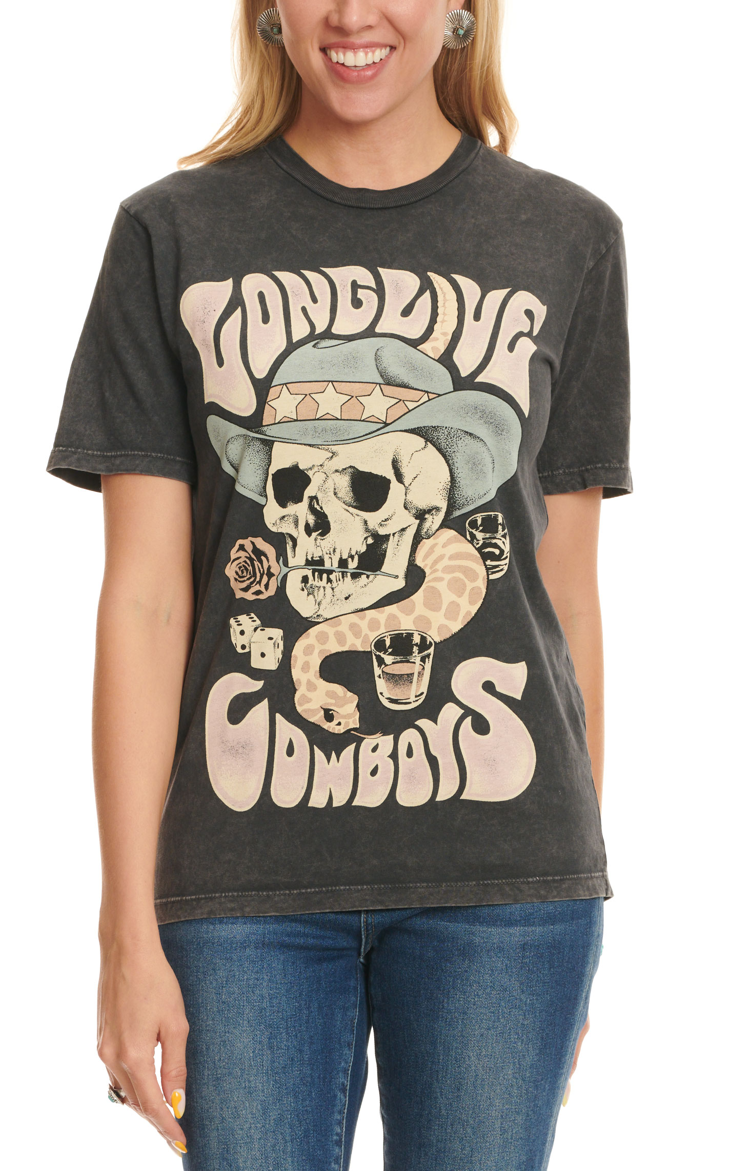 Lotus Fashion Women's Charcoal Long Live Cowboys Graphic Short Sleeve T-Shirt - Image 1