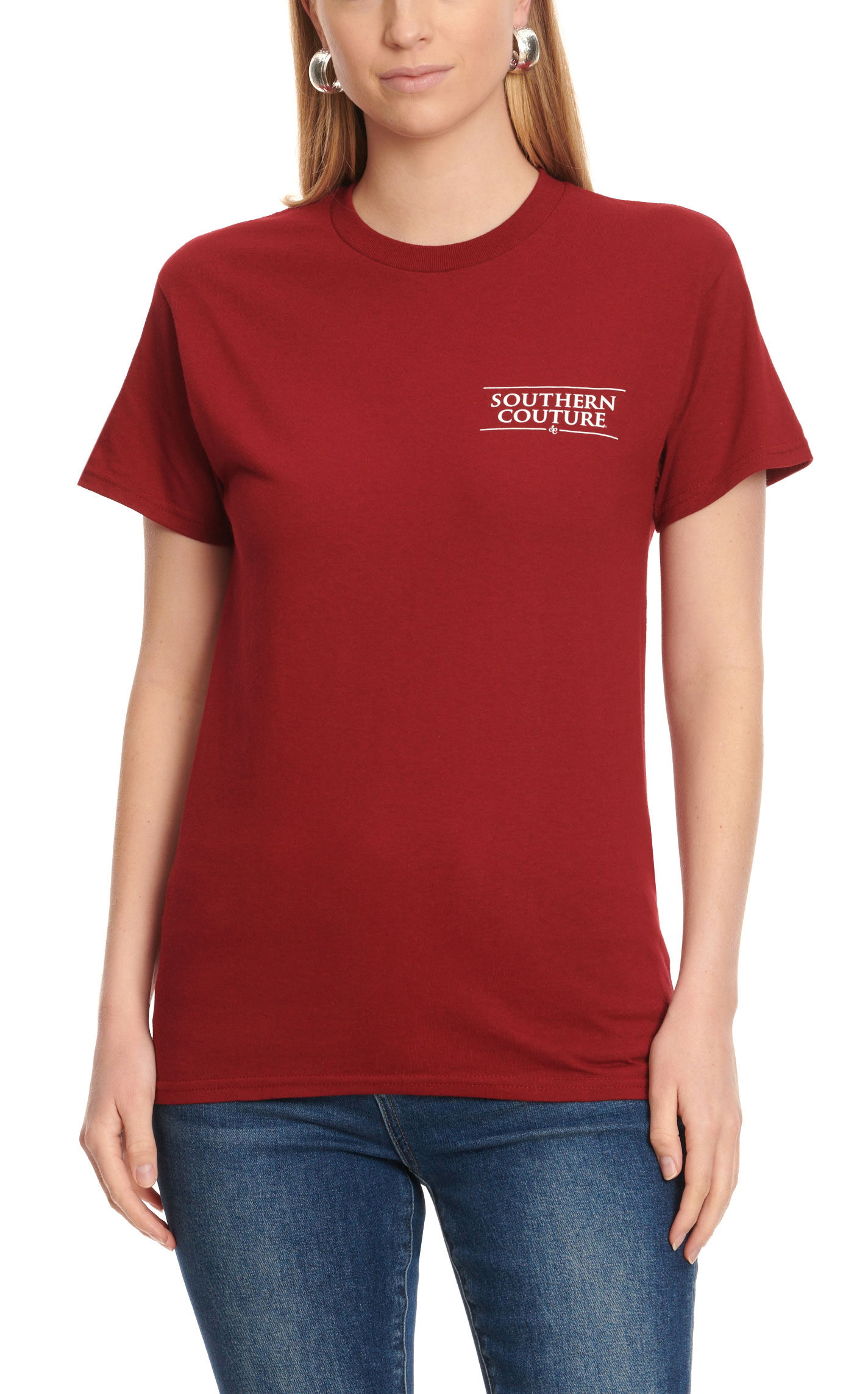 Southern Couture Women's Deep Red Cowprint & Turquoise Concho Graphic Short Sleeve T-Shirt - Image 3