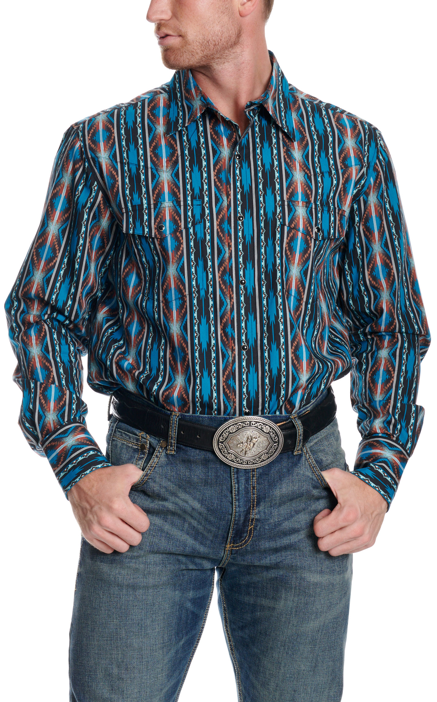 Checotah Men's Navy & Cobalt Aztec Print Western Shirt - Image 1